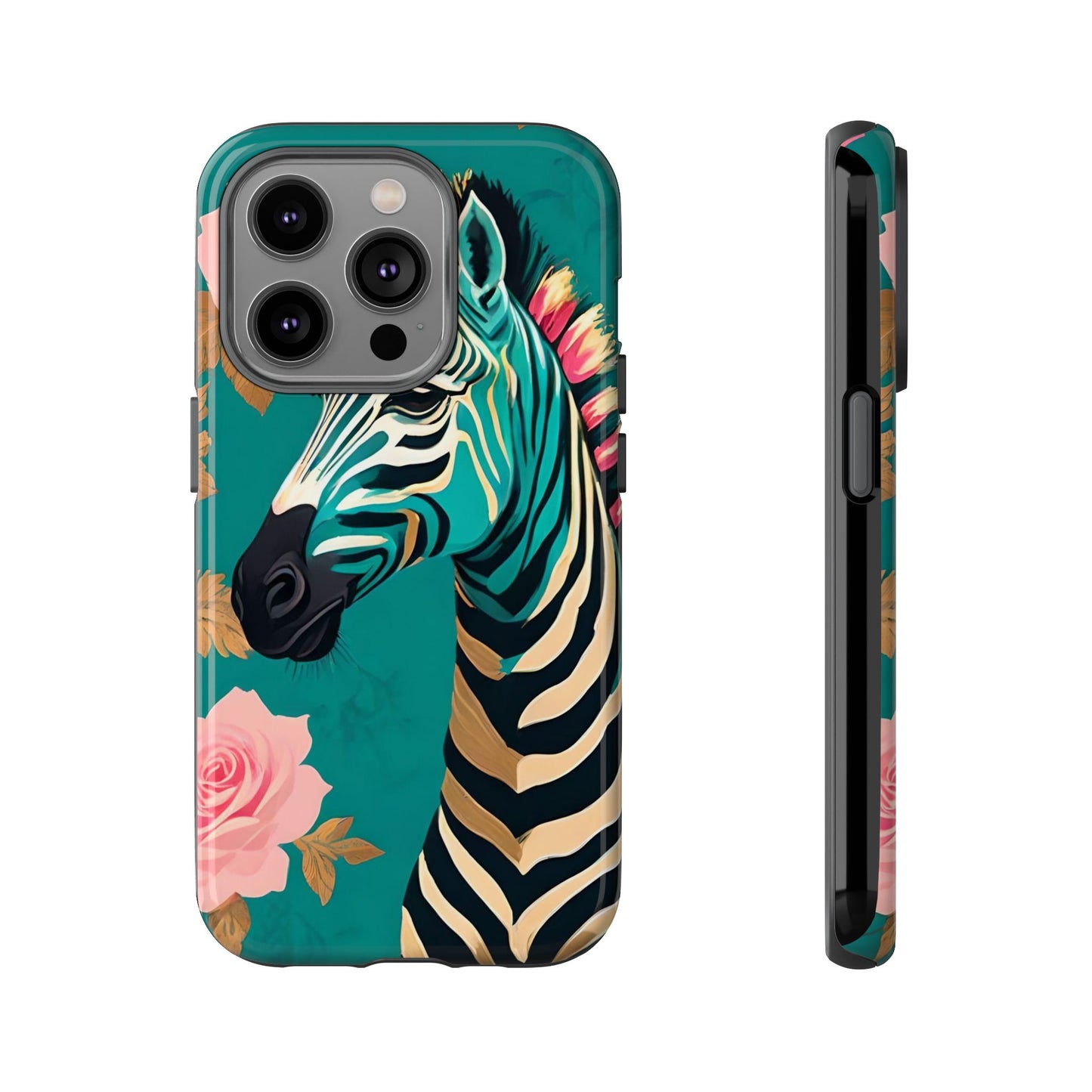 Phone Case - Elegant Teal & Gold Zebra & Roses Design