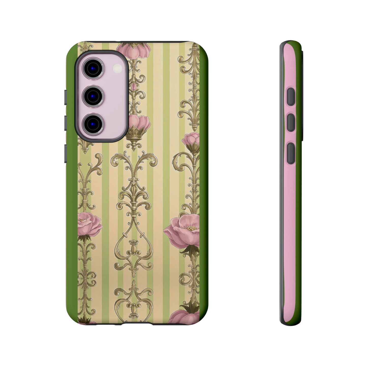 Elegant Floral Motif Phone Case - Tough Cases with Vintage Design - Lime Green & Pink Striped Damask