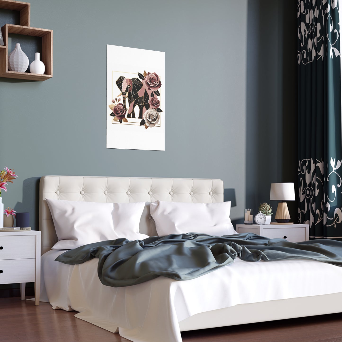 Elegant Floral Silk Poster - Indoor/Outdoor Wall Art for Home Decor - Brown & Mauve Elephant & Roses