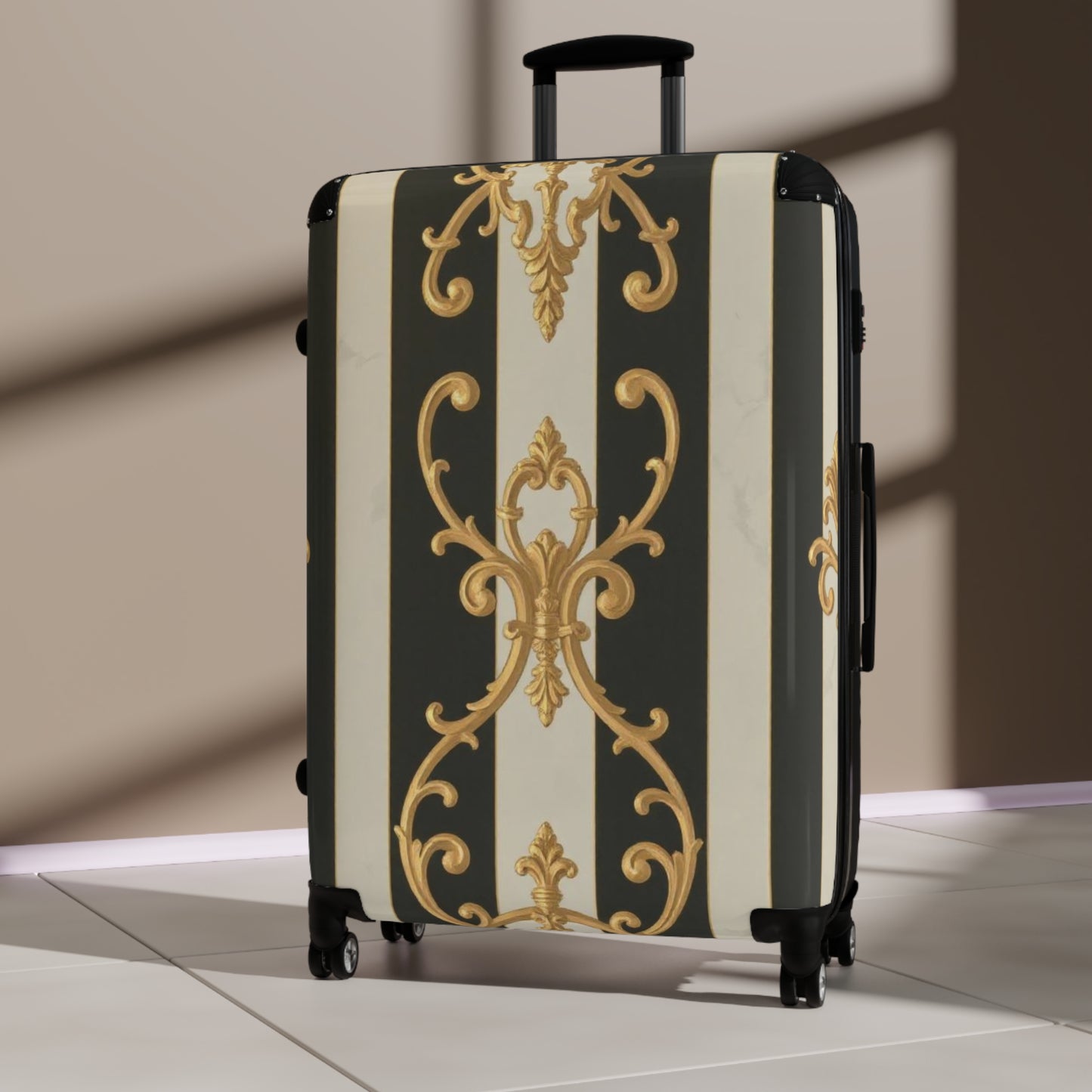 Stylish Black & Alabaster Striped Baroque Suitcase with Elegant Design, Travel Bag, Luggage, Vacation Accessories, Fashionable Carry-On