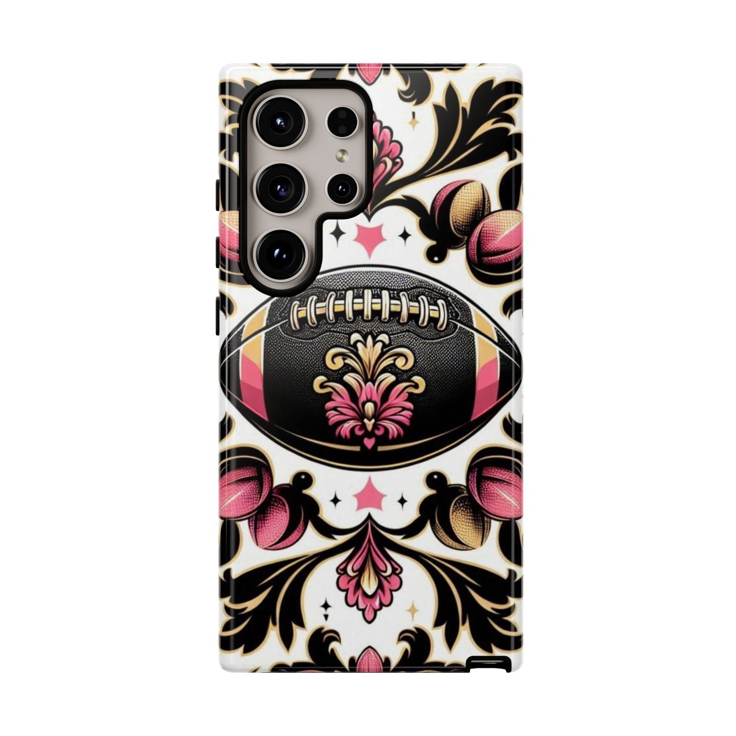 Elegant Floral Motif Phone Case - Tough Cases with Vintage Design - Damask White, Pink Gold & Black Football