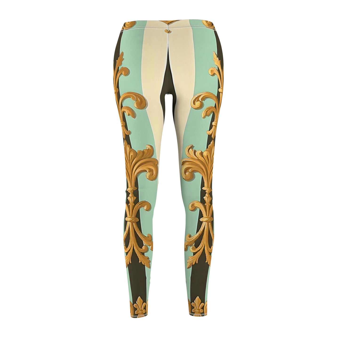 Elegant AOP Women's Leggings, Fashionable Activewear, Chic Workout Pants, Unique Casual Style - Black & Matte Mint Striped Rococo