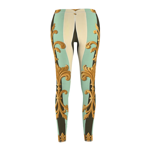 Elegant AOP Women's Leggings, Fashionable Activewear, Chic Workout Pants, Unique Casual Style - Black & Matte Mint Striped Rococo