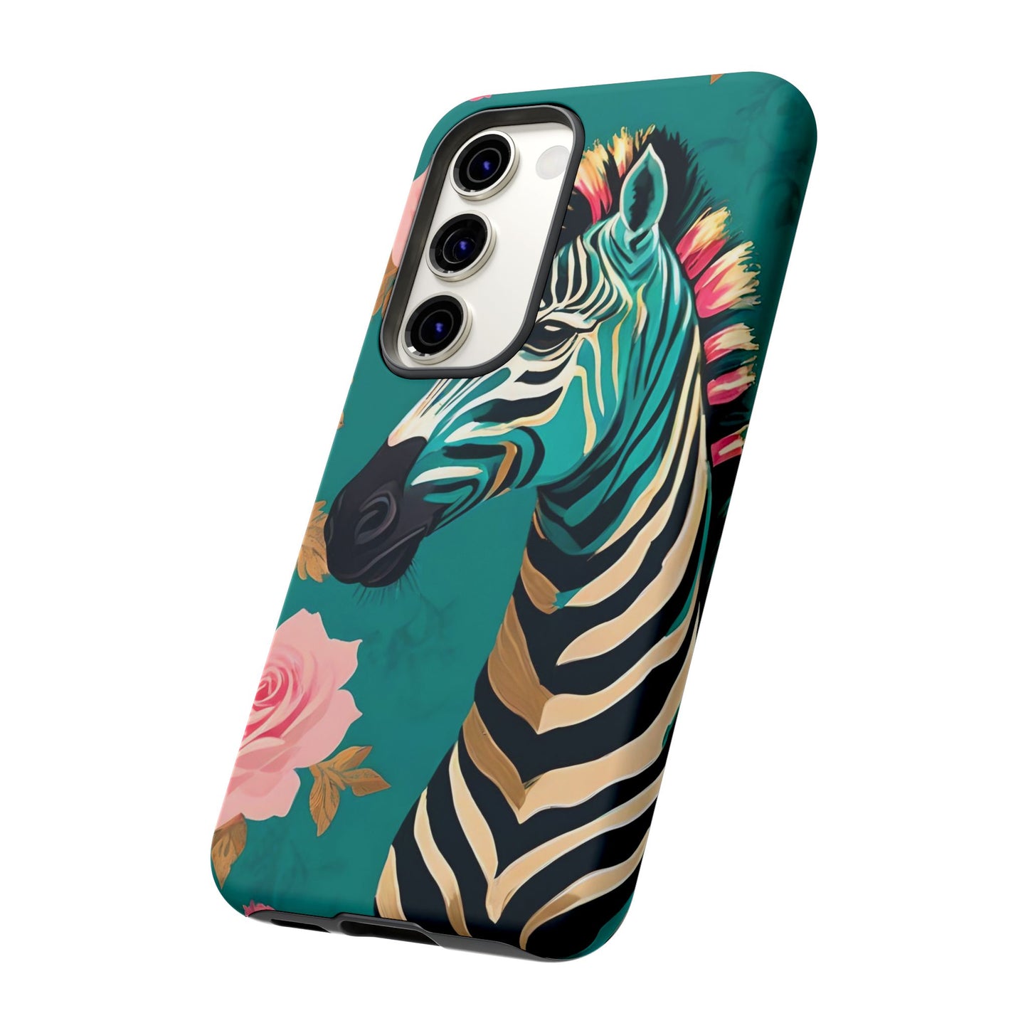 Phone Case - Elegant Teal & Gold Zebra & Roses Design