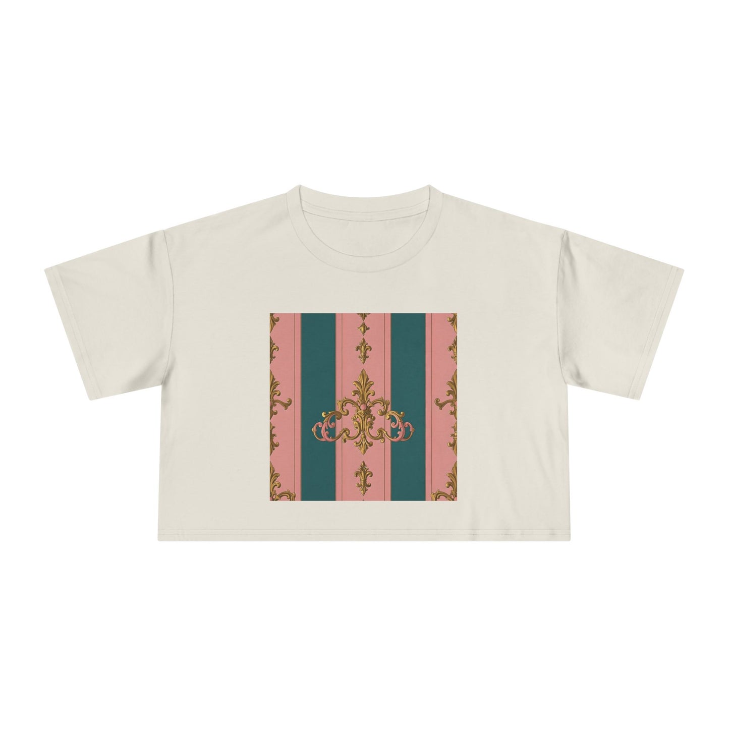 Baroque Vintage Women's Crop Tee, Casual Top, Summer Fashion, Trendy Shirt, Graphic T-Shirt, Gift for Her - Pink & Teal Striped Gold Baroque