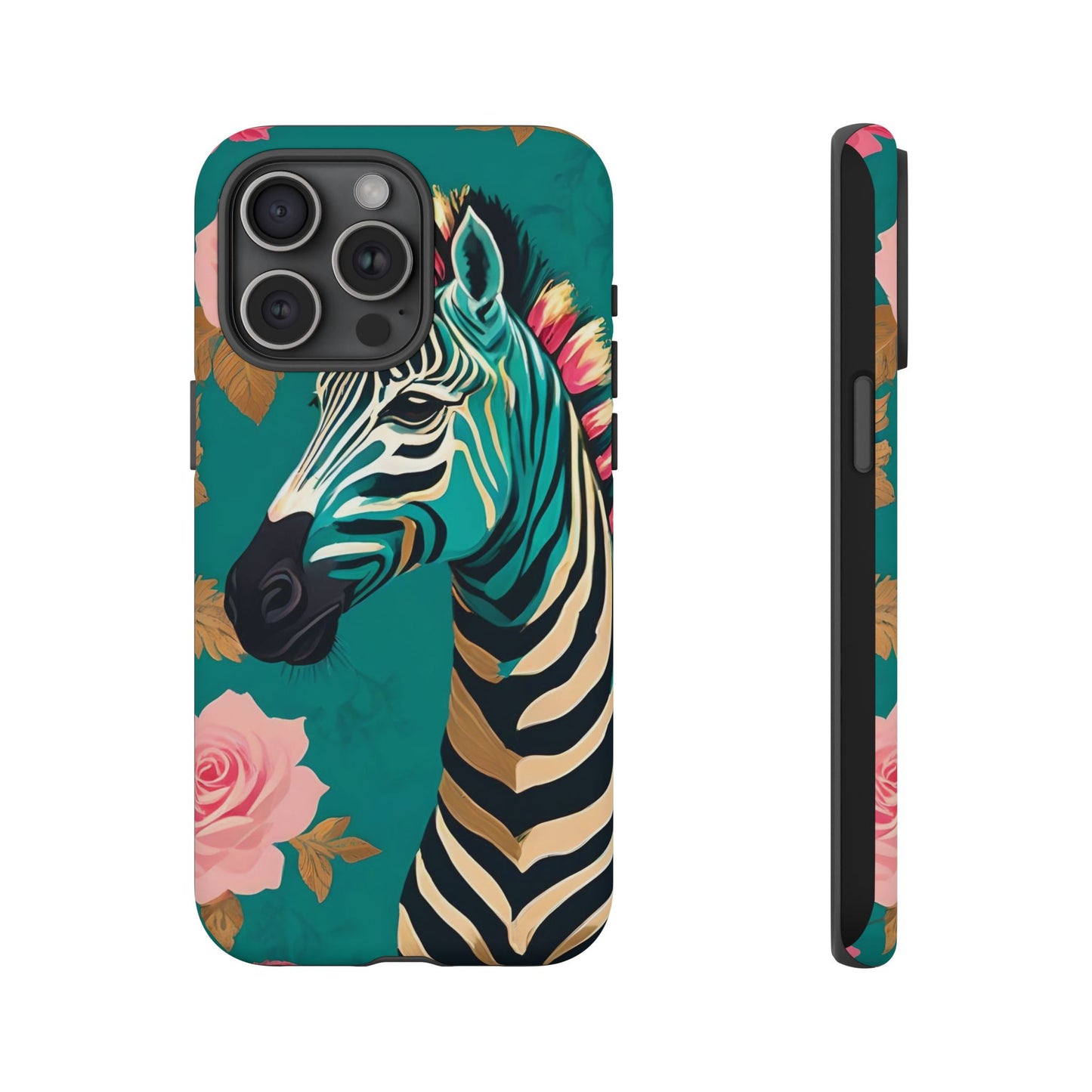 Phone Case - Elegant Teal & Gold Zebra & Roses Design