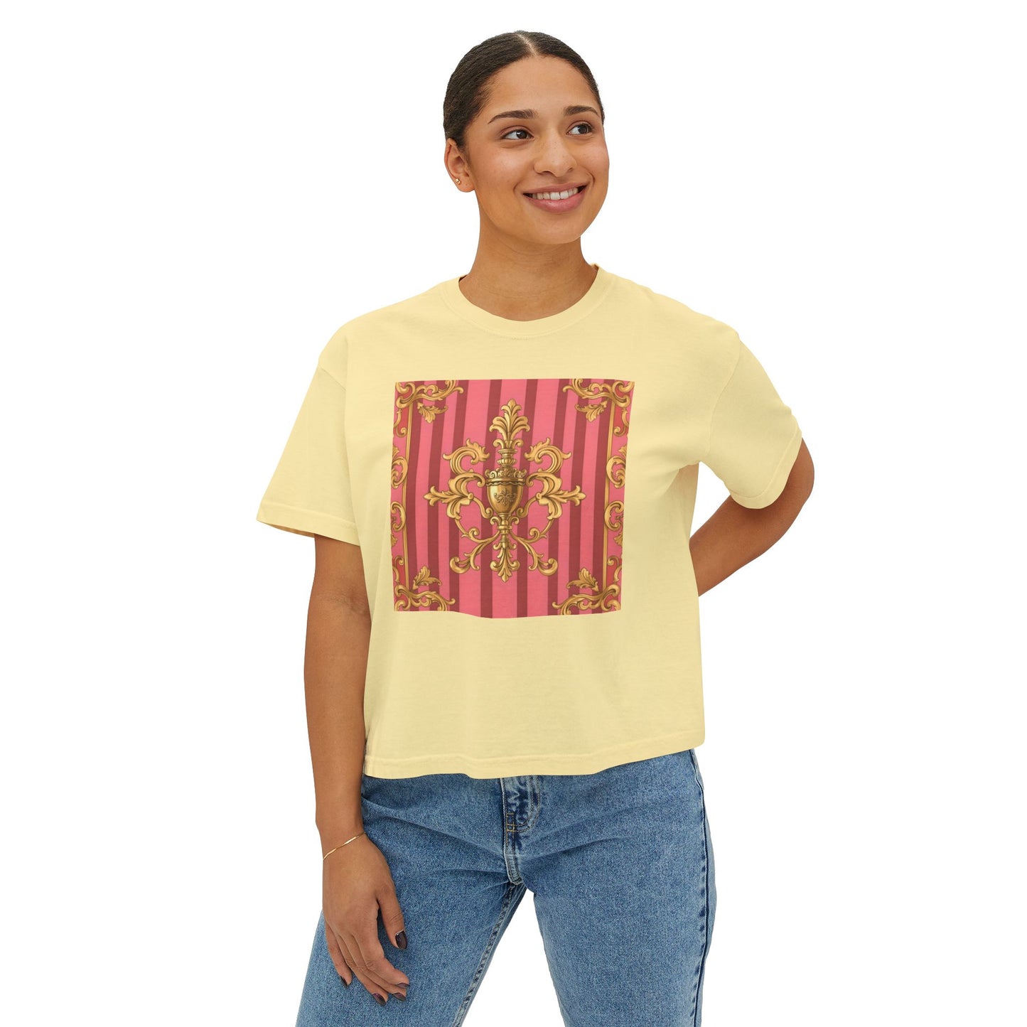 Chic Floral Boxy Tee, Trendy Women's Top, Casual Summer Fashion, Vintage Inspired Tee, Great for Festivals - Pink Striped Gold Baroque