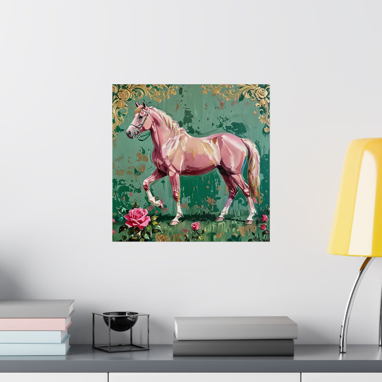 Floral Motif Art Poster - Elegant Matte Vertical Wall Decor - Pink Horse With Gold Damask & Roses