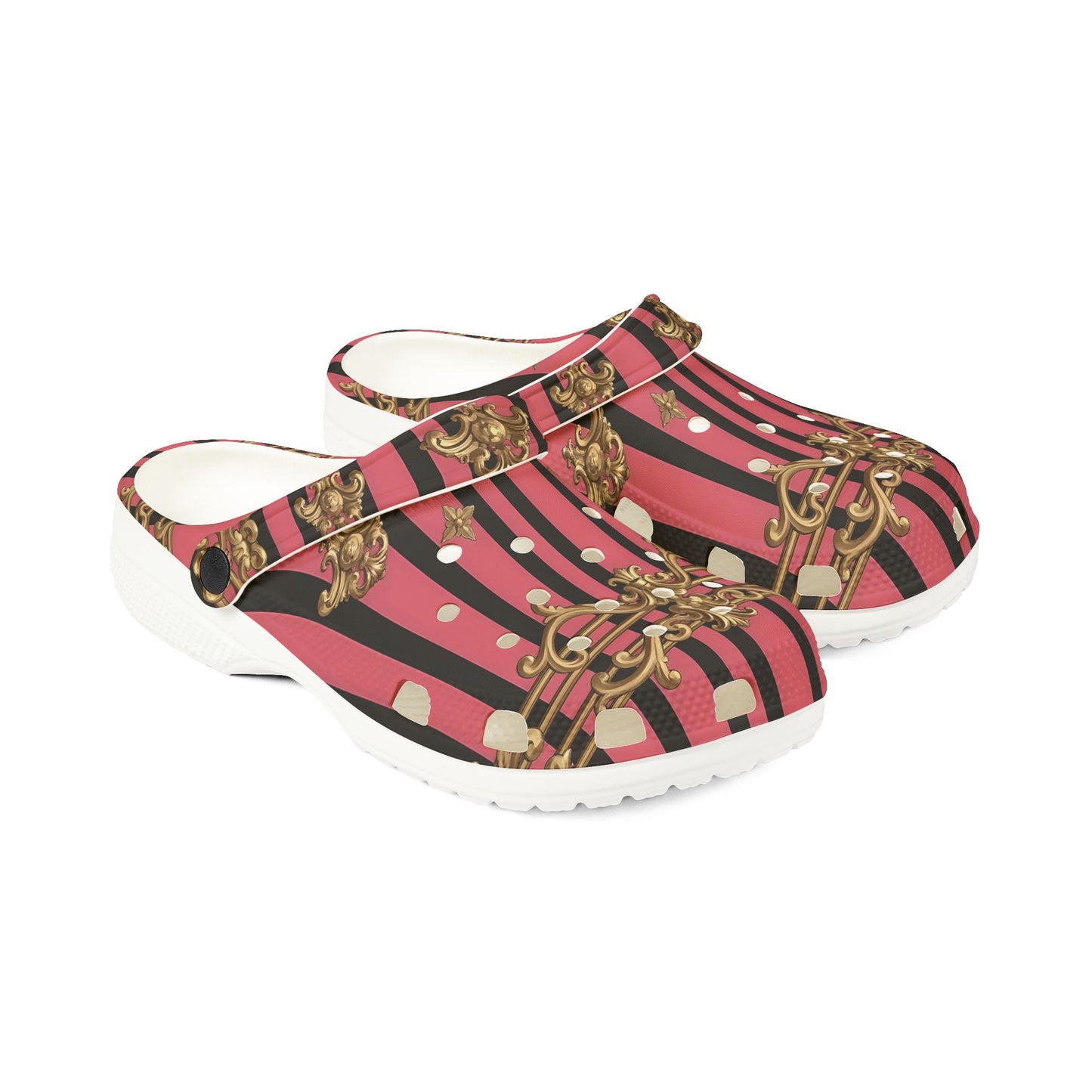 Chic Comfort EVA Foam Clogs, Stylish Slip-On Shoes for Home, Garden, and Casual Outings, Fashionable Footwear - Pink Striped Gold Rococo