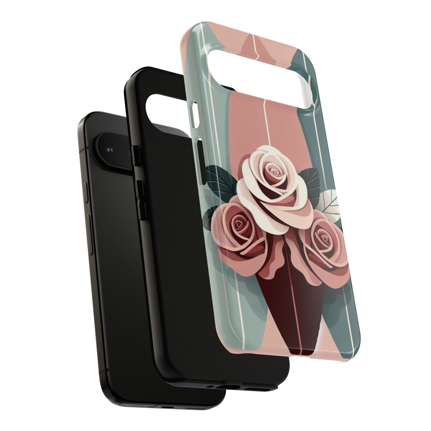 Phone Case - Burgundy, Matte Mauve & Teal Surfboard & Roses Design