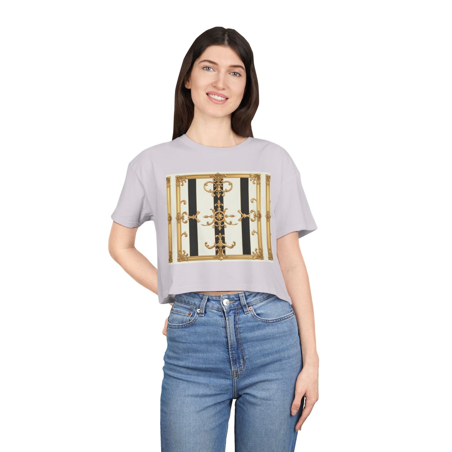 Chic Gold Baroque Women's Crop Tee, Stylish Summer Top, Fashionable Gift for Her, Casual Fashion - Black & White Striped Gold Baroque