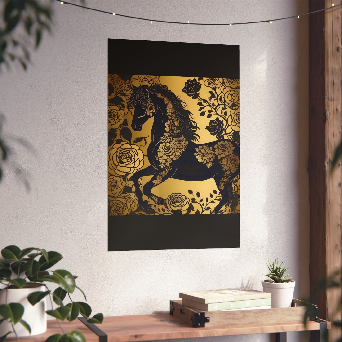 Floral Art Poster - Elegant Matte Vertical Wall Decor - Black & Gold Horse With Roses