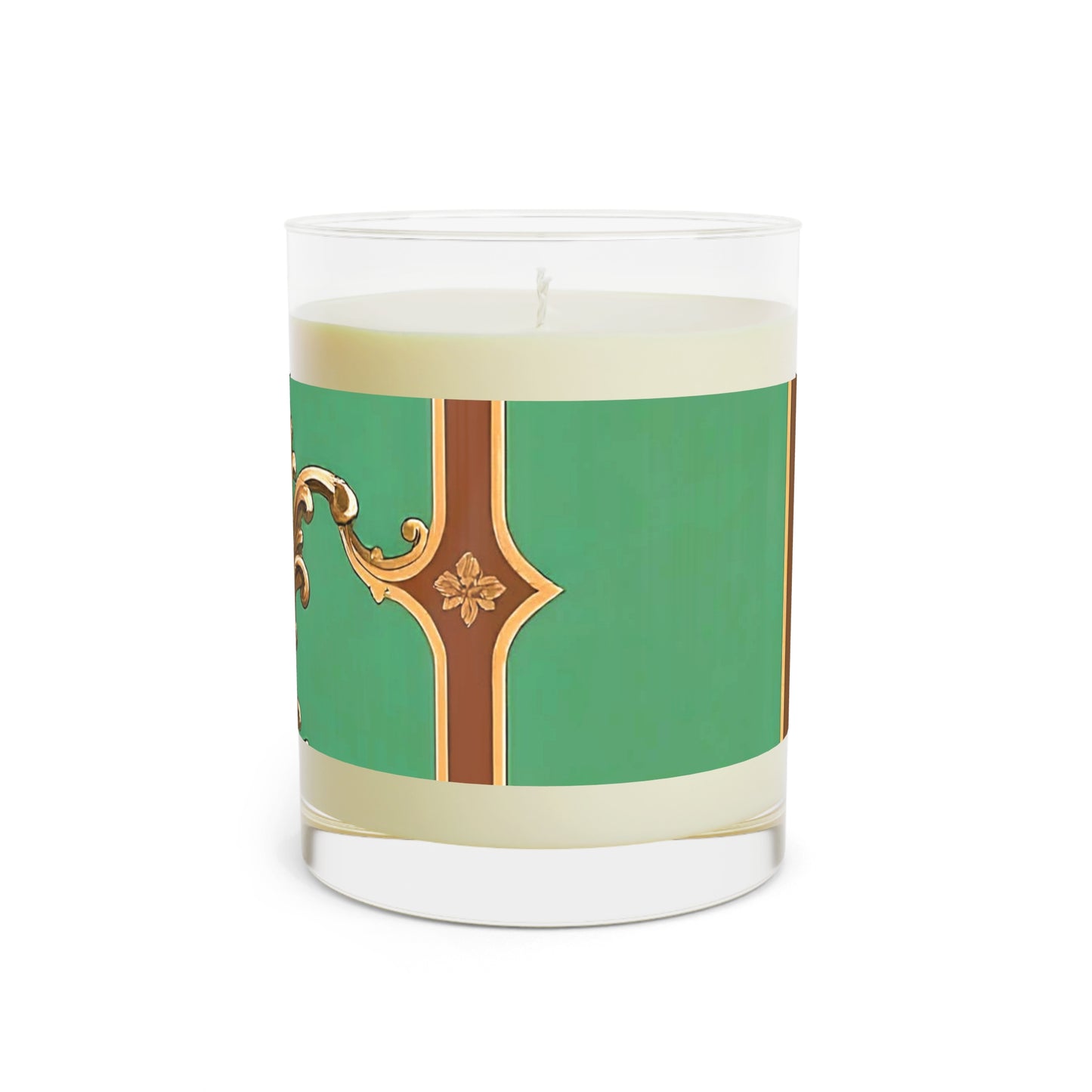 Elegant Green & Gold Scented Candle - 11oz Full Glass - Rust & Green Striped Baroque