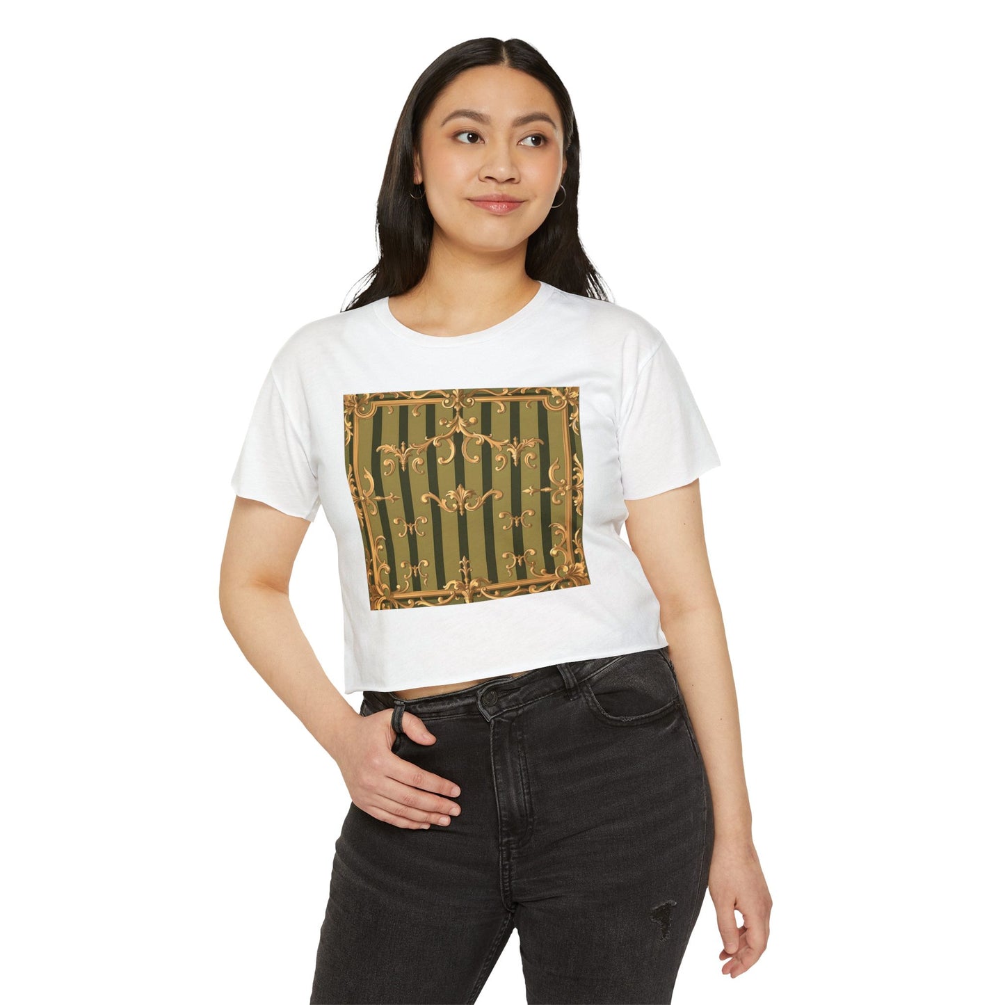 Bohemian Women's Festival Crop Top – Stylish Summer Apparel for Concerts, Beach Days, Music Festivals - Olive Green Striped Rococo