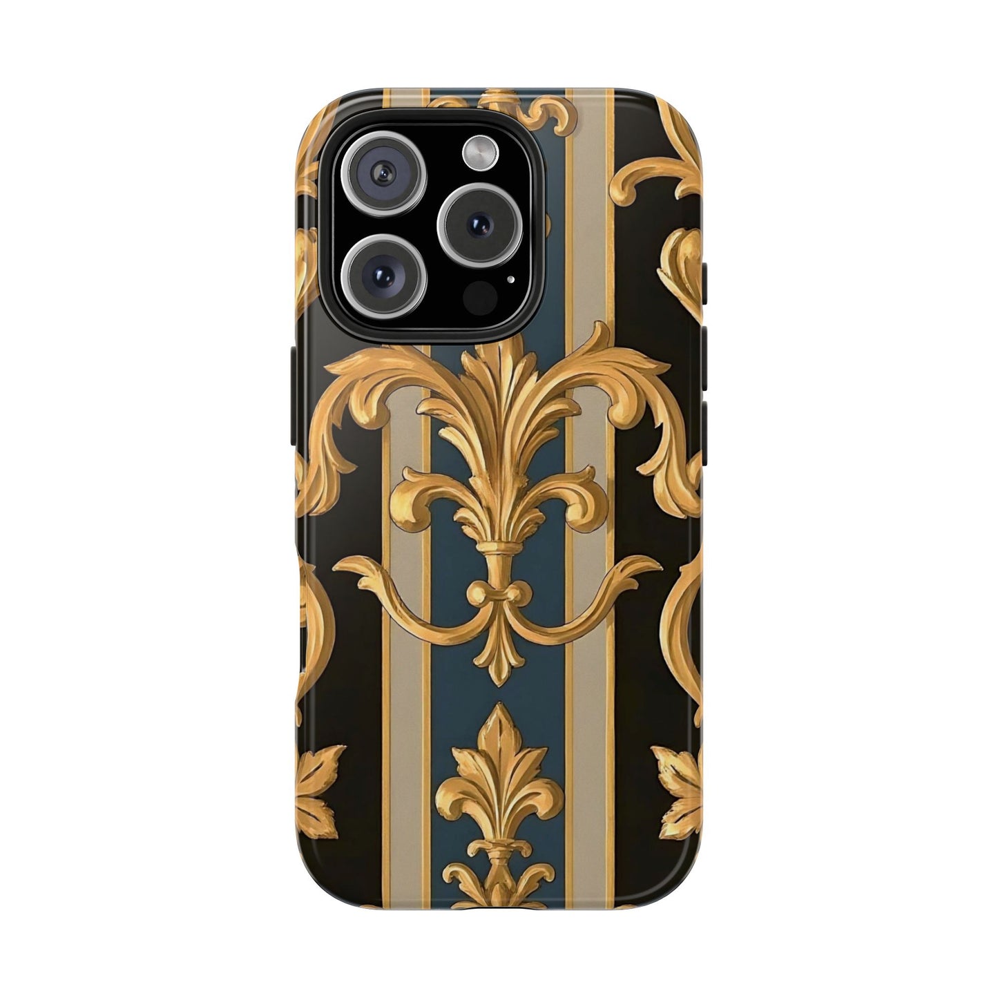 Elegant Rococo Phone Cases, Tough iPhone Case, Floral Design Case, Luxury Phone Cover - Blue & Black Striped Rococo