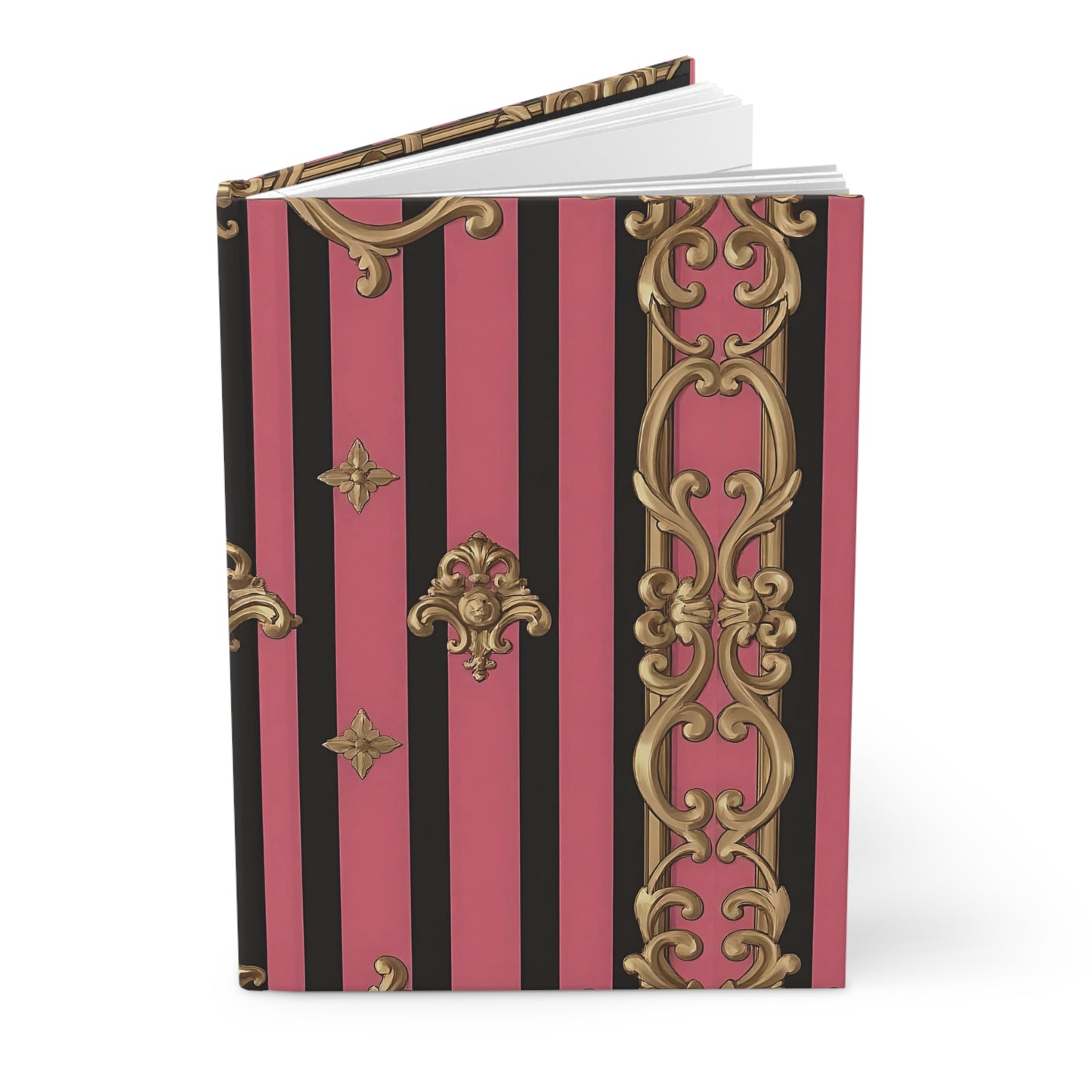 Elegant Pink and Gold Hard Cover Journal for Writing, Gifts, Notebook, Art Journal, Diary - Pink Striped Gold Rococo