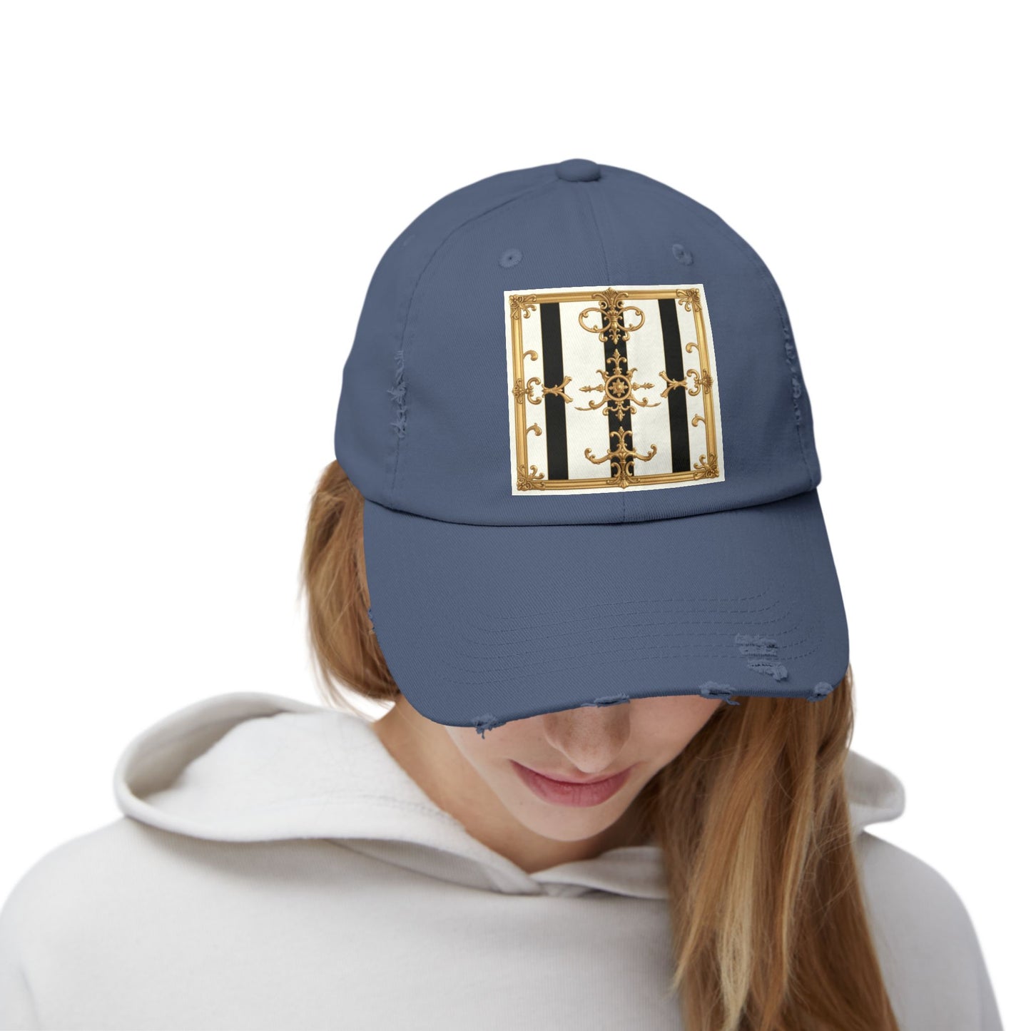 Stylish Distressed Cap with Unique Gold Design, Trendy Hat, Casual Wear, Gift for Him/Her - Black & White Striped Gold Baroque