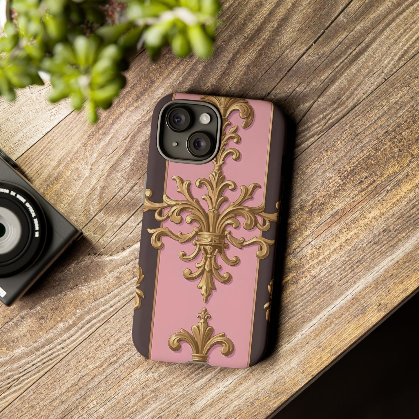 Elegant Floral Motif Phone Case - Tough Cases with Vintage Design - Pink & Brown Striped Gold Damask