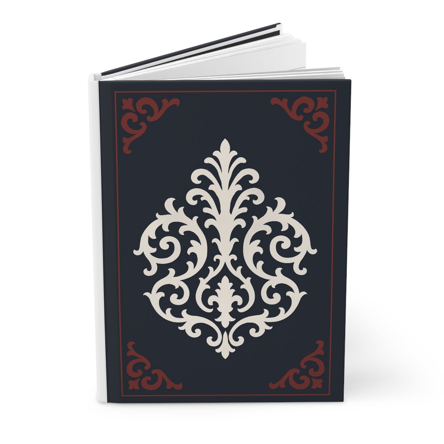 Dusk Blue-Maroon & White Baroque Hardcover Journal — Elegant Dusk Blue & White Notebook
