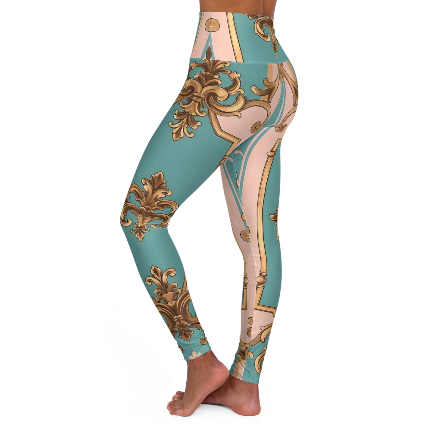 Elegant High Waisted Yoga Leggings - Chic Activewear, Comfortable Workout Pants, Fashionable Leggings - Pink & Matte Turquoise Striped Rococo
