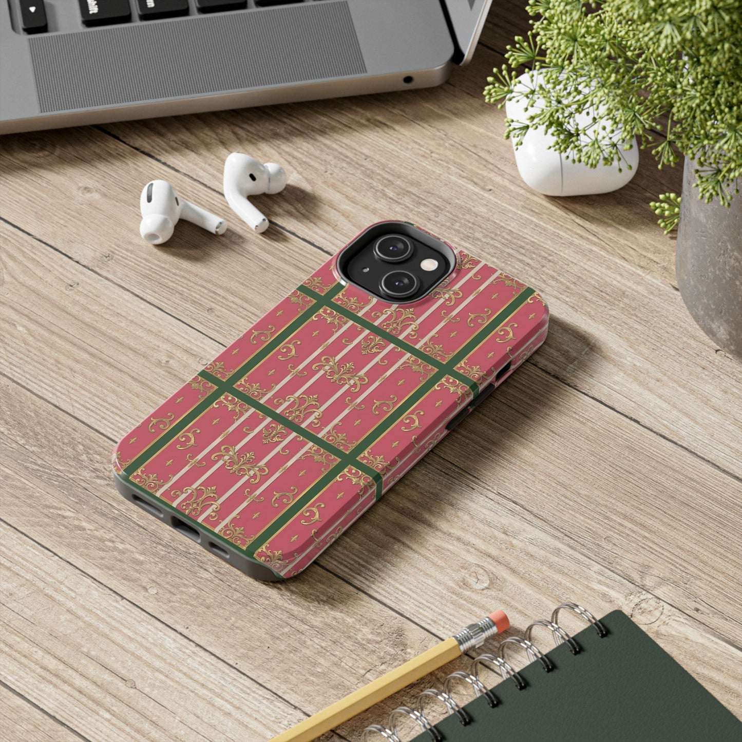 Elegant Green Border Pink Striped Baroque Phone Cases, Tough Phone Cases for Protection, Stylish Mobile Accessories, Gift for Her, Holiday Tech Gifts