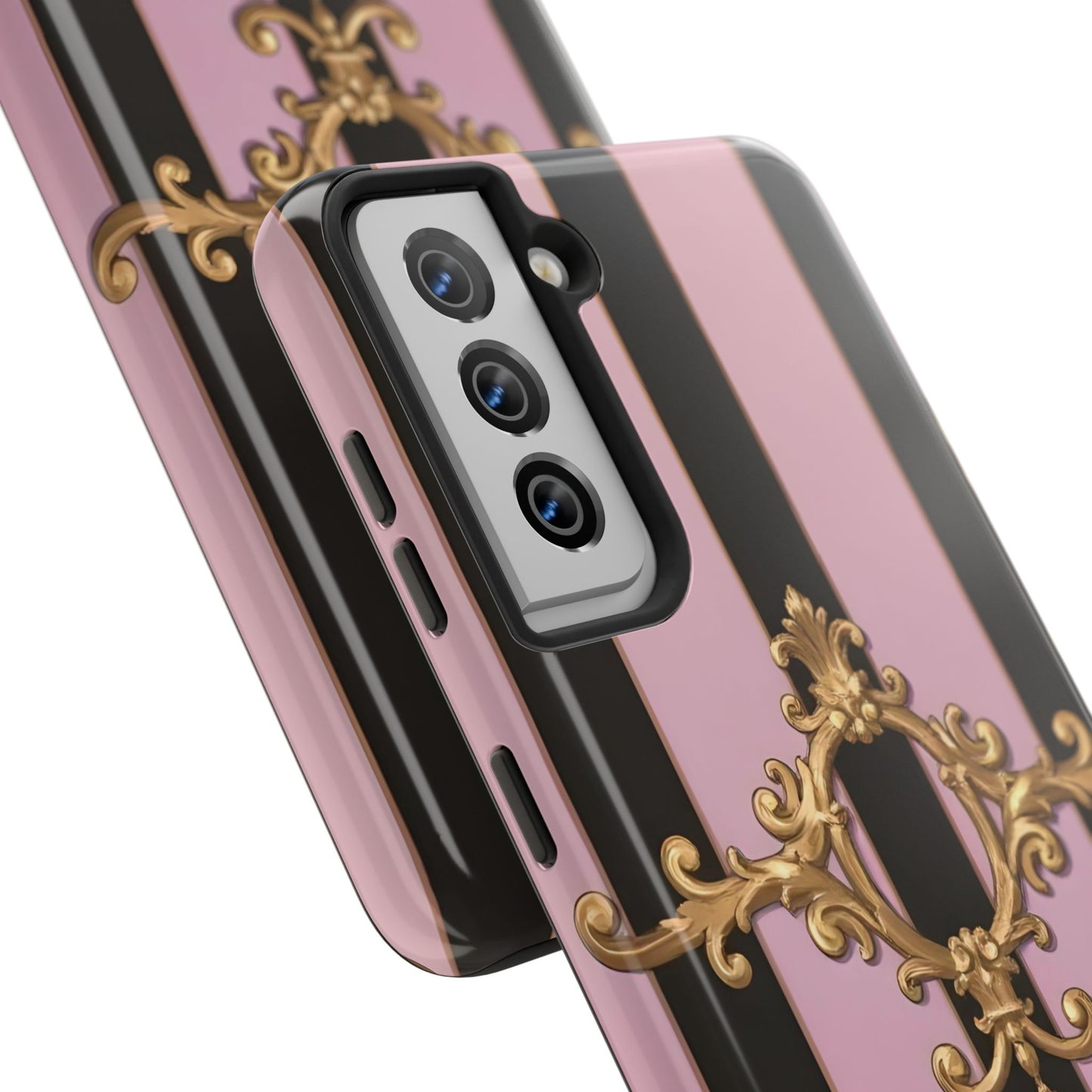 Stylish Tough Phone Case for Elegant Protection, Fashionable Accessories, Smartphone Cover - Matte Lavender & Black Striped Gold Baroque