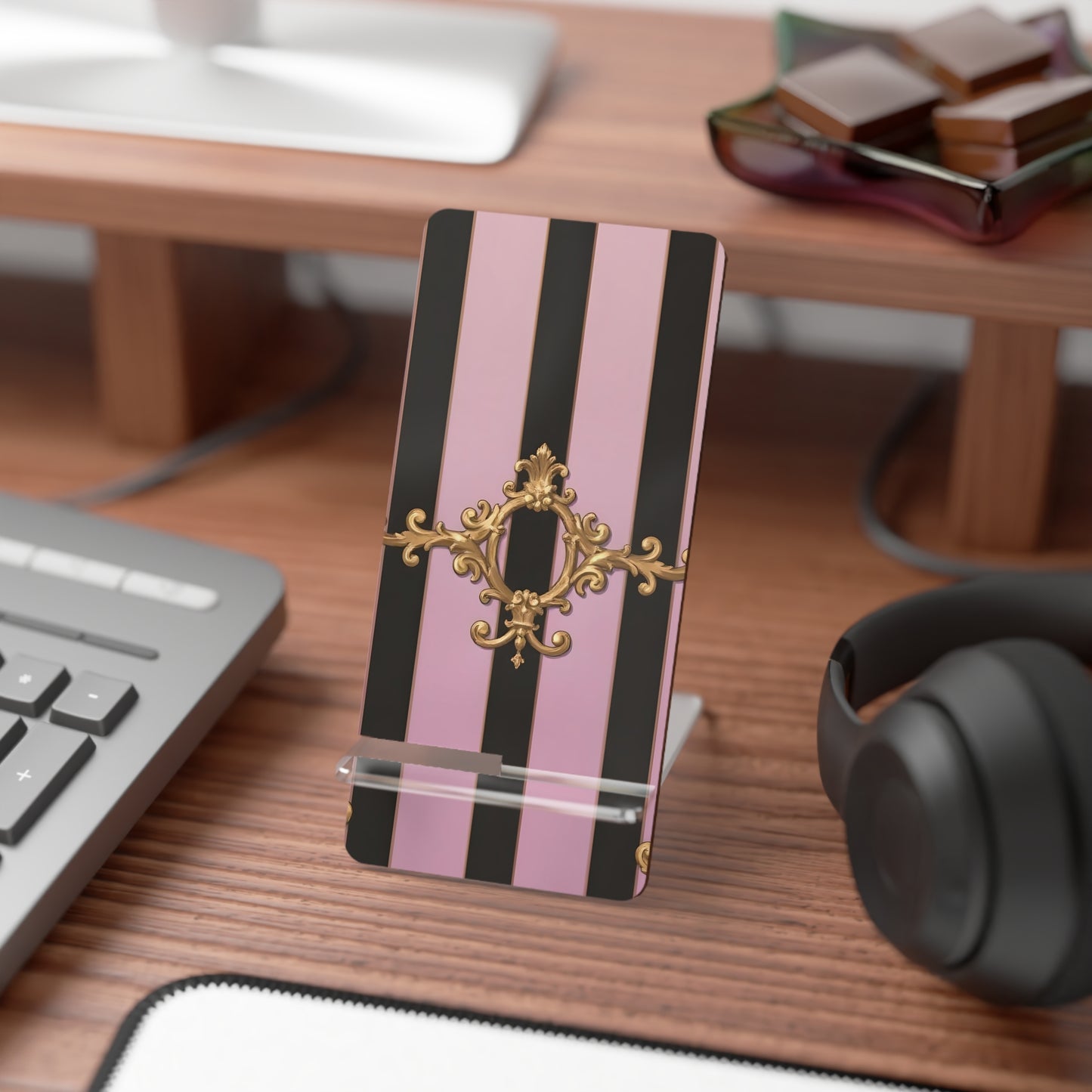 Chic Smartphone Stand with Gold Accents, Elegant Phone Holder, Desk Organizer, Tech Accessories - Matte Lavender & Black Striped Gold Baroque