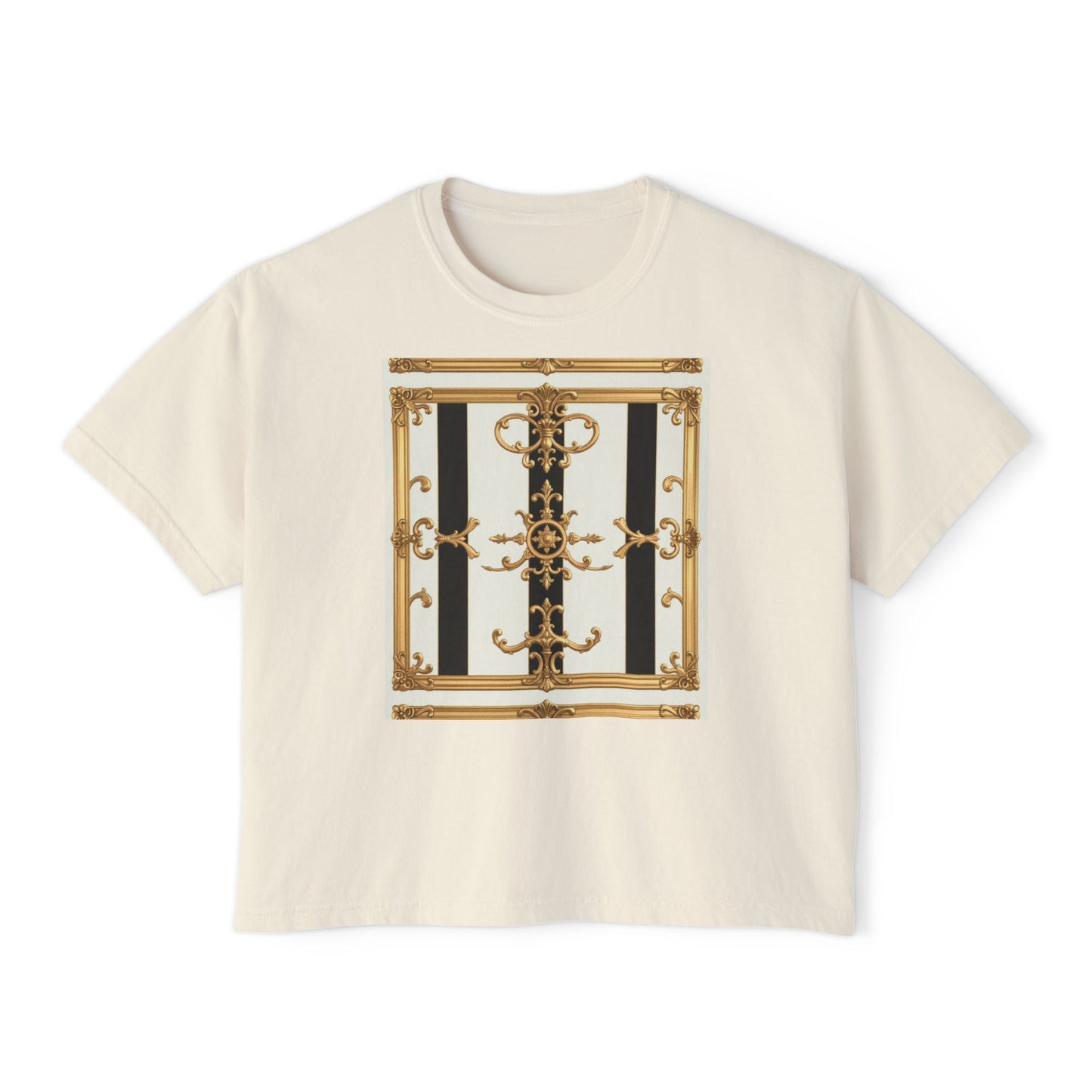 Chic Women's Boxy Tee, Stylish Graphic Shirt, Trendy Casual Top, Fashionable Everyday Wear - Black & White Striped Gold Baroque