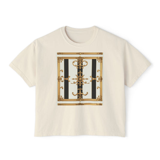 Chic Women's Boxy Tee, Stylish Graphic Shirt, Trendy Casual Top, Fashionable Everyday Wear - Black & White Striped Gold Baroque