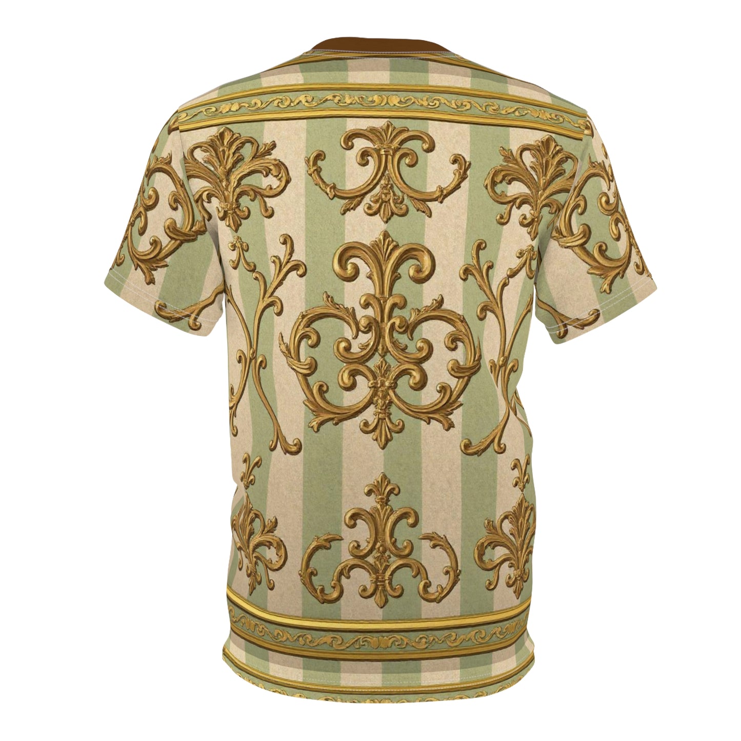 Elegant Vintage Pattern Unisex Tee, Boho Shirt, Gift for Her, Fashion Statement Tee, Summer Casual Wear - Mint & Beige Striped Gold Baroque