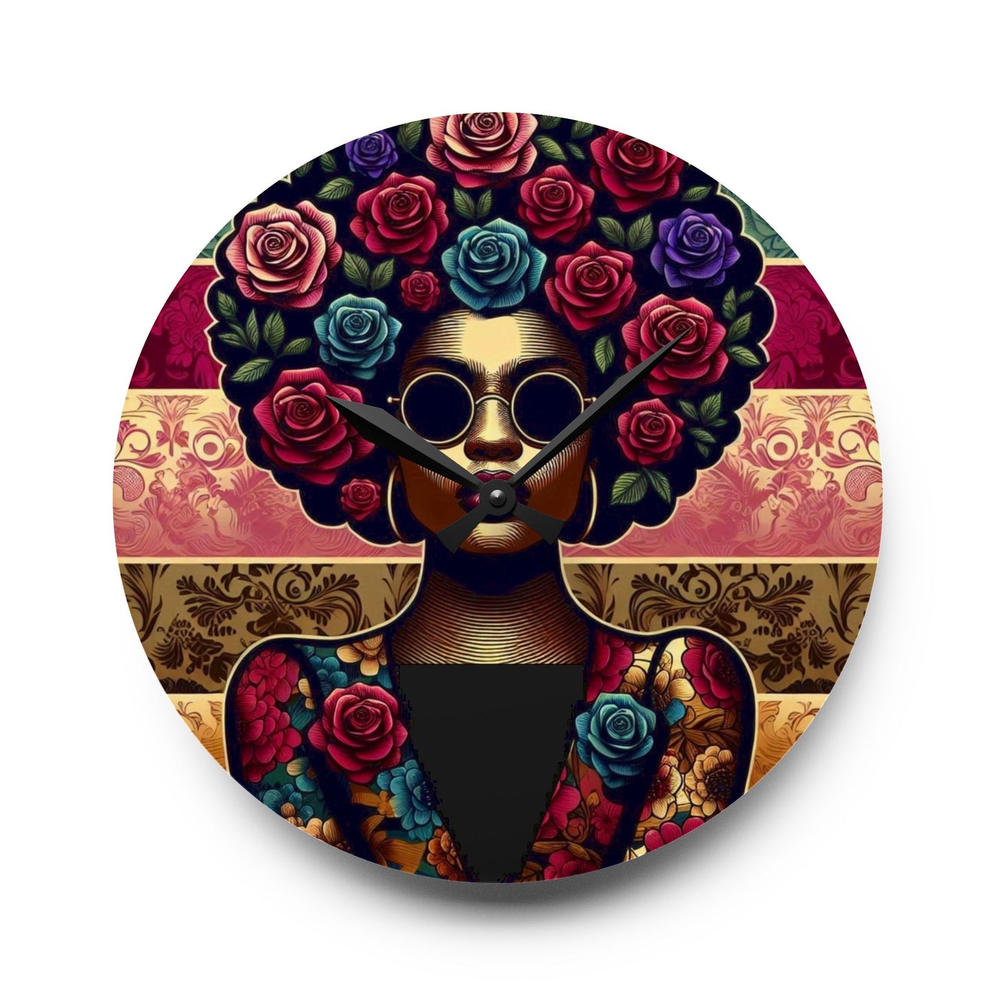 Bohemian Afro-Inspired Acrylic Wall Clock with Floral Design - Lady In Damask & Roses Design