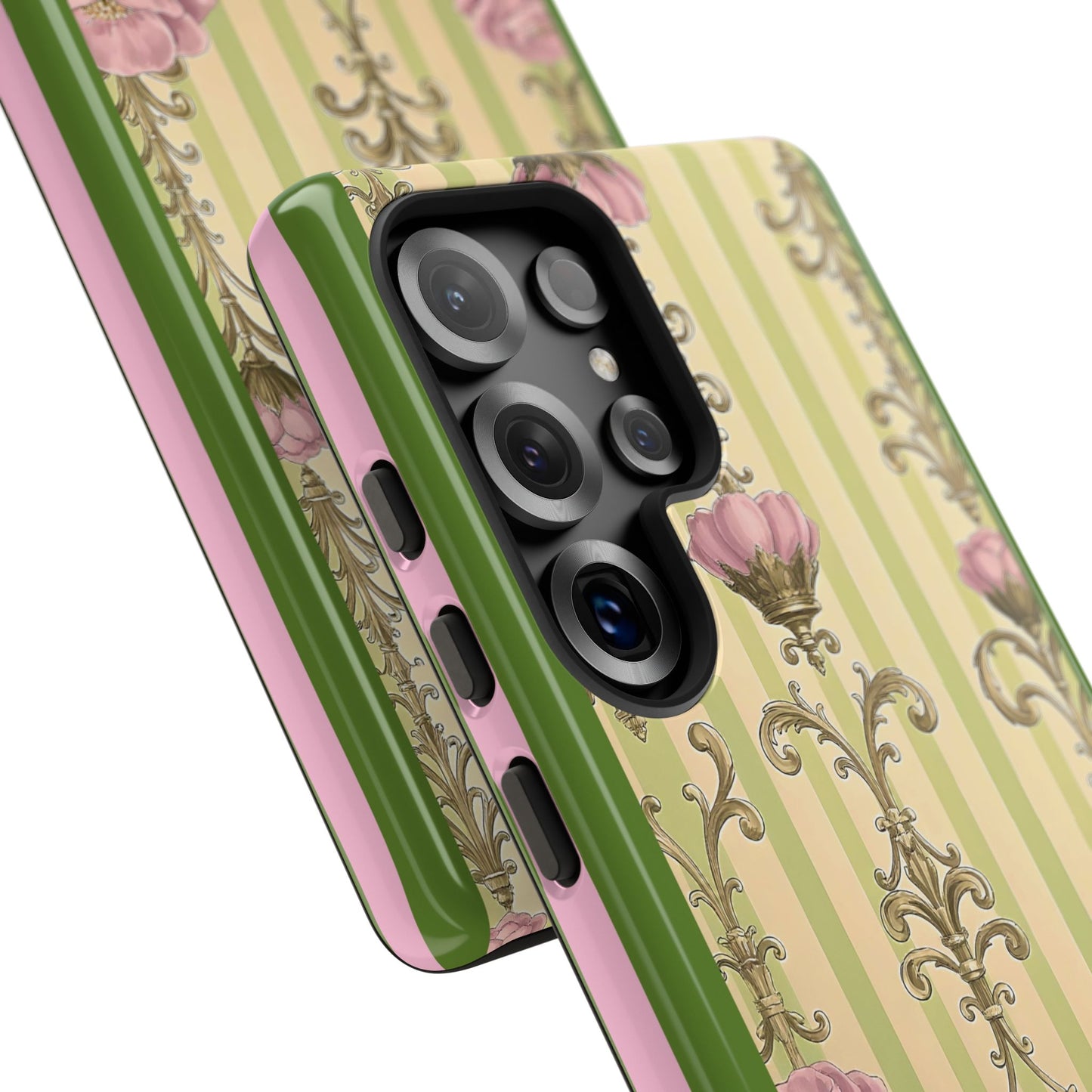 Elegant Floral Motif Phone Case - Tough Cases with Vintage Design - Lime Green & Pink Striped Damask
