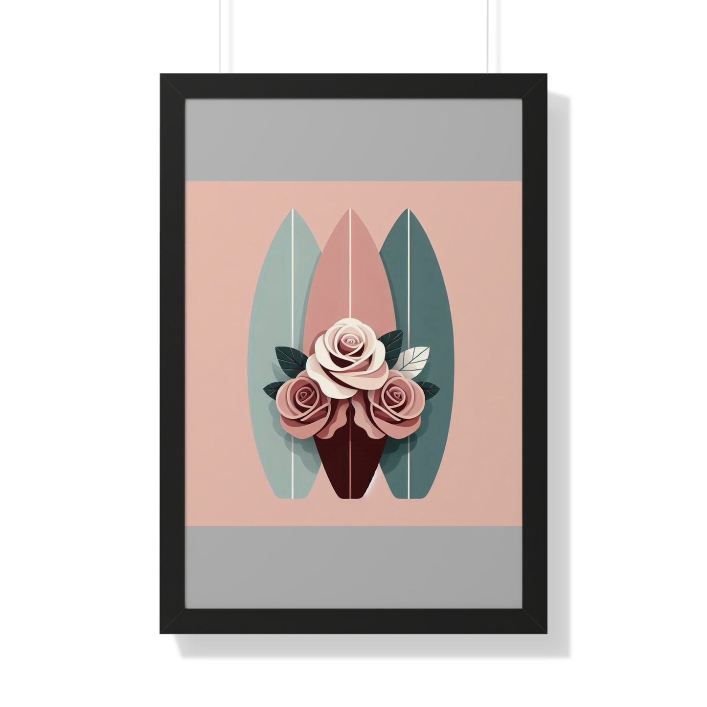 Vertical Poster - Burgundy, Matte Mauve & Teal Surfboard & Roses Wall Art