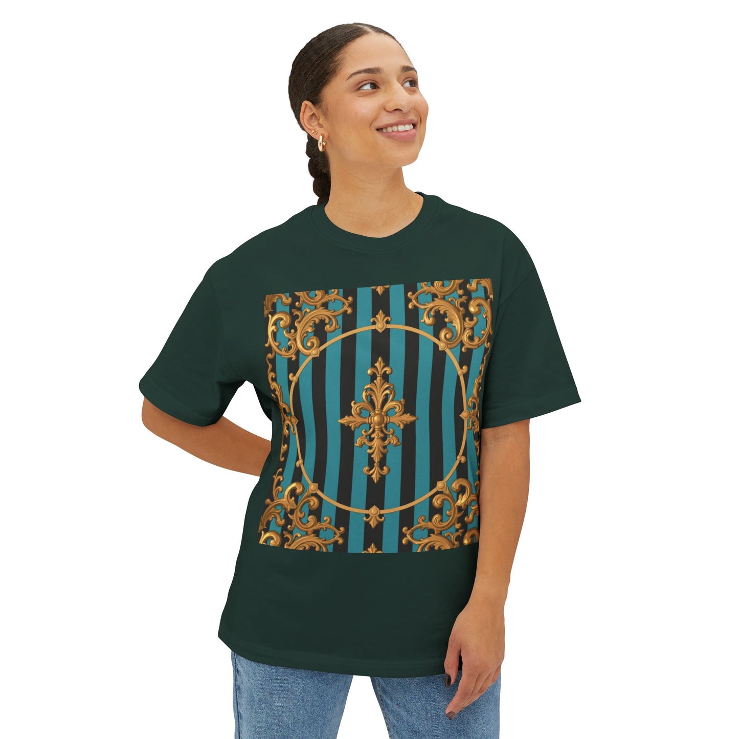 Stylish Turquoise & Black Striped Gold Baroque Unisex Oversized Boxy Tee, Retro Graphic Shirt, Casual Wear, Trendy Fashion, Unique Gift Idea