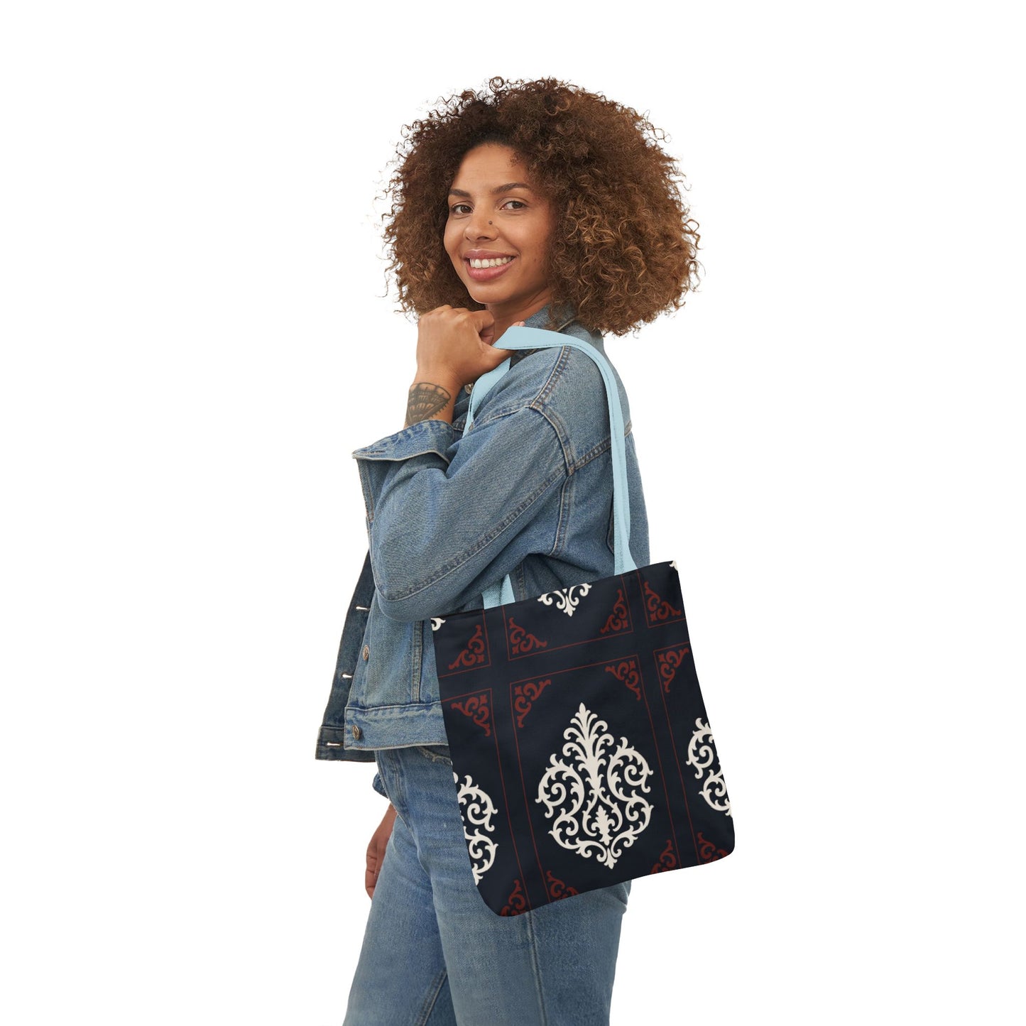 Dusk Blue-Maroon & White Baroque Pattern Canvas Tote Bag — Elegant Dusk Blue & White Reusable Market Bag