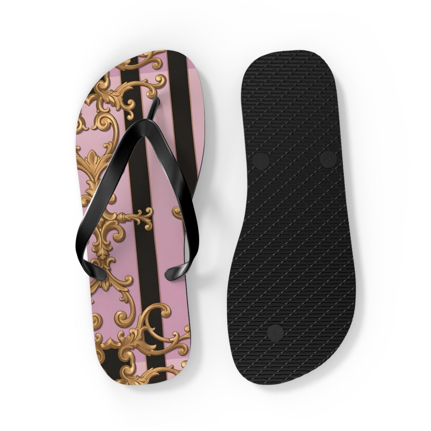 Chic Floral Flip Flops, Summer Sandals, Beach Footwear, Vacation Style, Poolside Essentials - Matte Lavender & Black Striped Gold Baroque