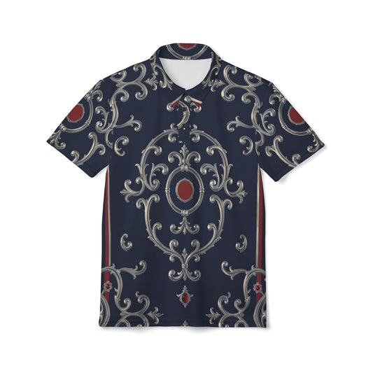 Elegant Unisex Polo Shirt – Stylish Casual Wear, Summer Fashion, Gifts for Him, Unique Gifts - Blue & Red Striped Silver Baroque
