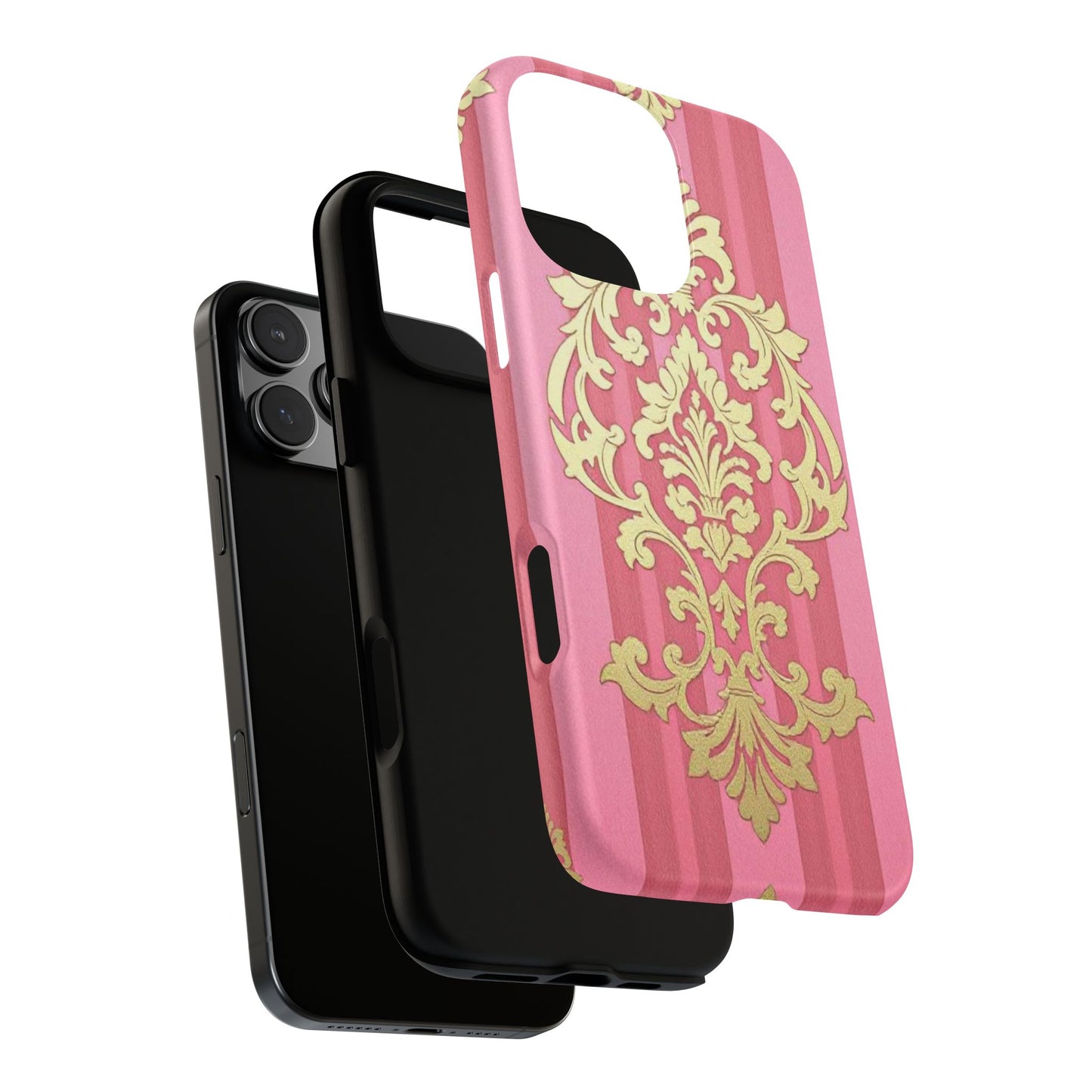 Elegant Floral Motif Phone Case - Tough Cases with Vintage Design - Pink Striped Damask