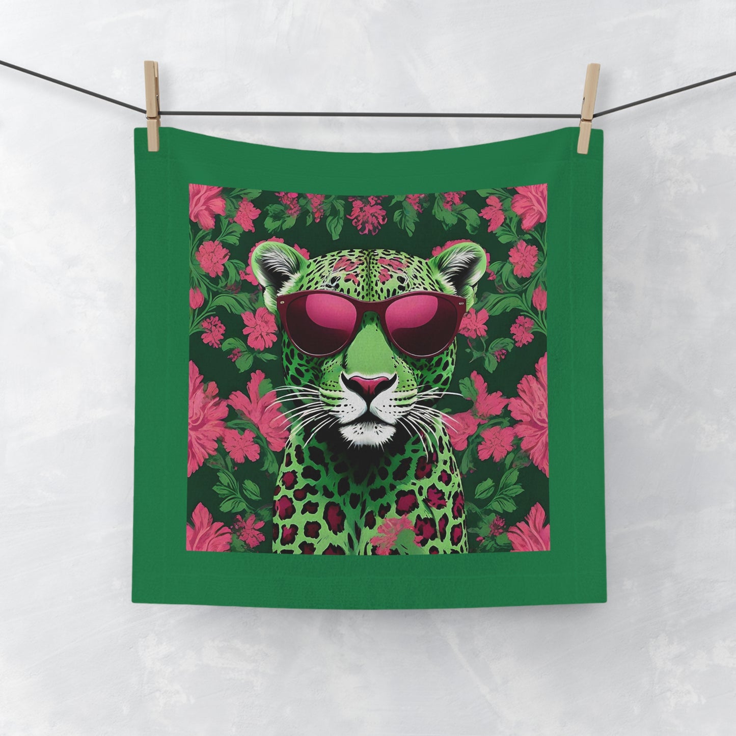 Face Towel - Elegant Vintage Gold Pattern for Home & Spa - Lime Green & Burgundy Leopard In Sunglasses Design - Perfect for Kids