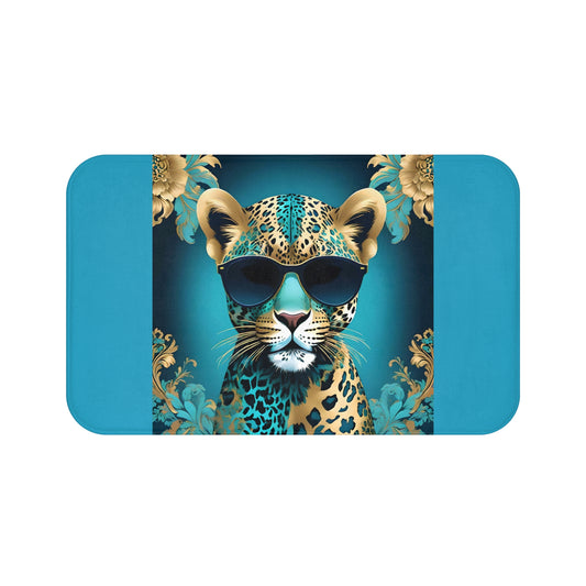 Elegant Vintage Bath Mat with Ornate Design for Luxurious Home Decor - Aqua & Gold Leopard In Sunglasses Design