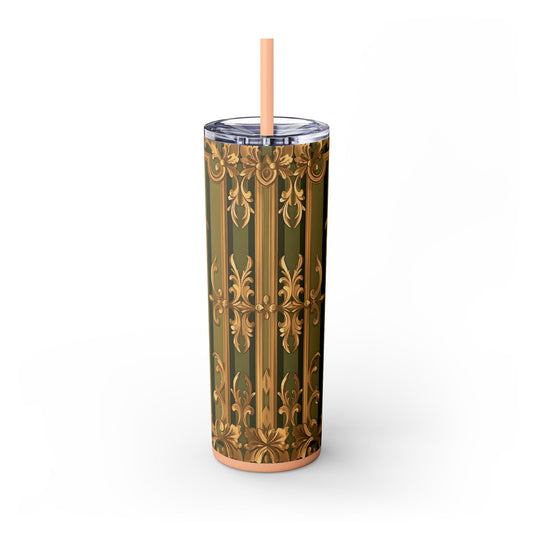 Elegant Vintage Floral Skinny Tumbler with Straw, 20oz – Perfect for Home, Travel, Parties, Gifts, and Décor - Olive Green Striped Rococo
