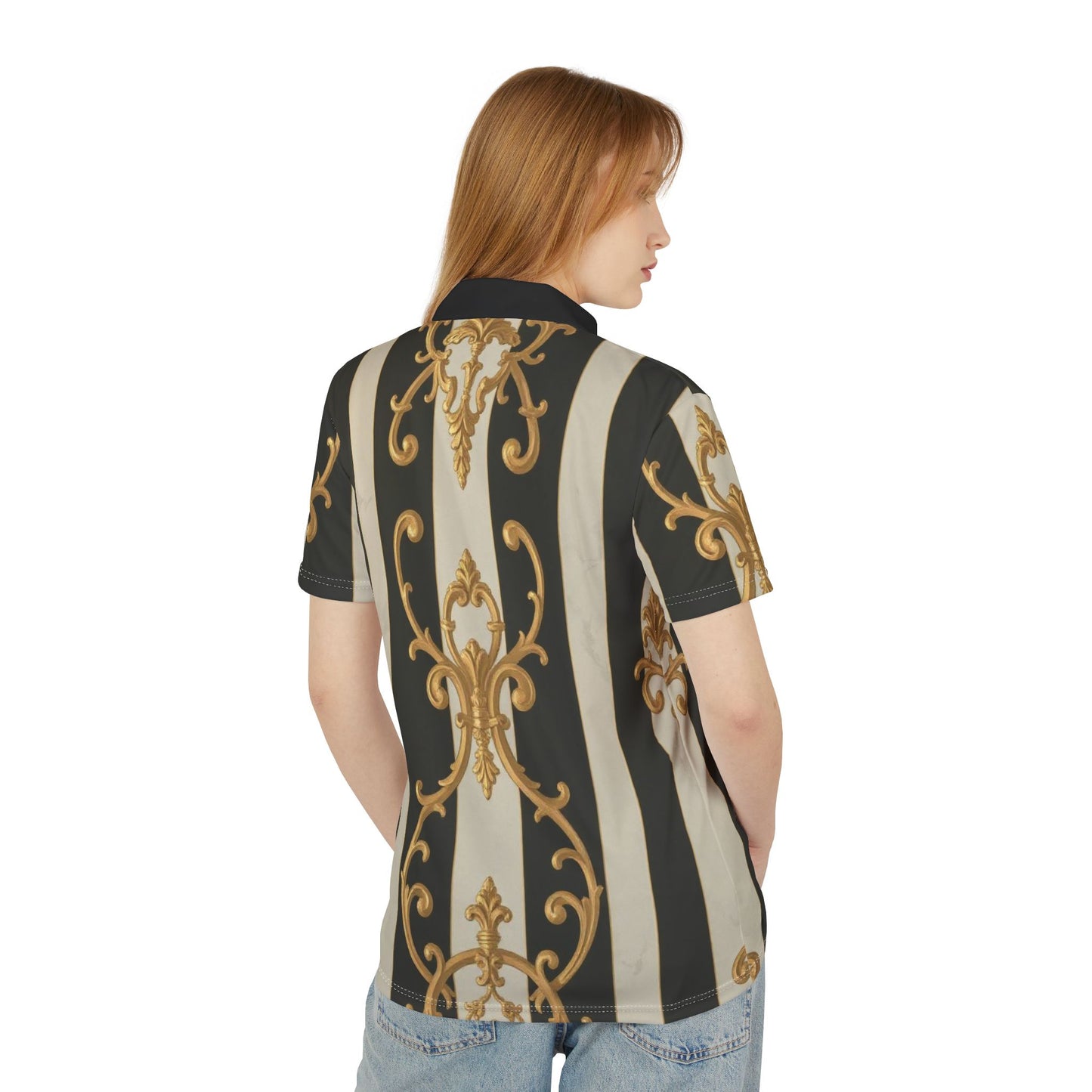 Elegant Black & Alabaster Striped Baroque Unisex Polo Shirt, Retro Style Top, Casual Chic Attire, Perfect for Parties, Spring Gatherings, Unique Gift