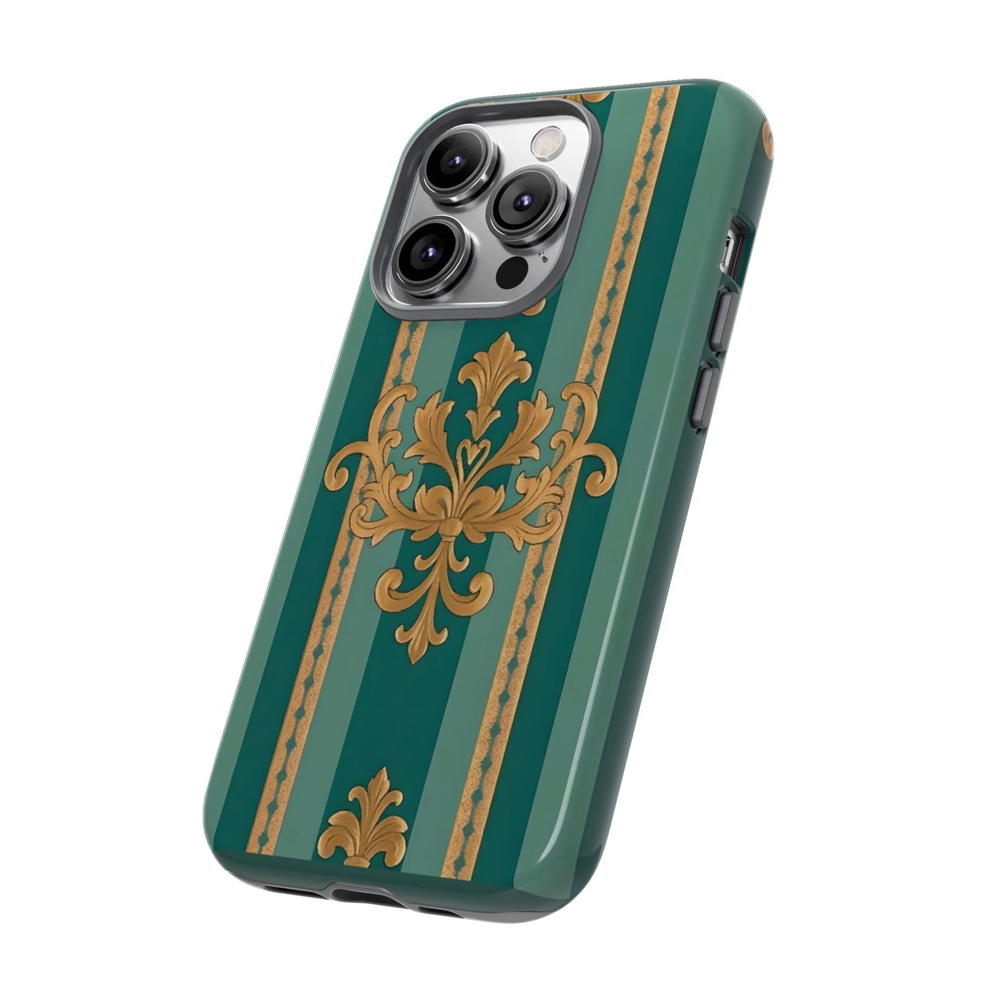 Elegant Floral Motif Phone Case - Tough Cases with Vintage Design - Teal Striped Gold Damask