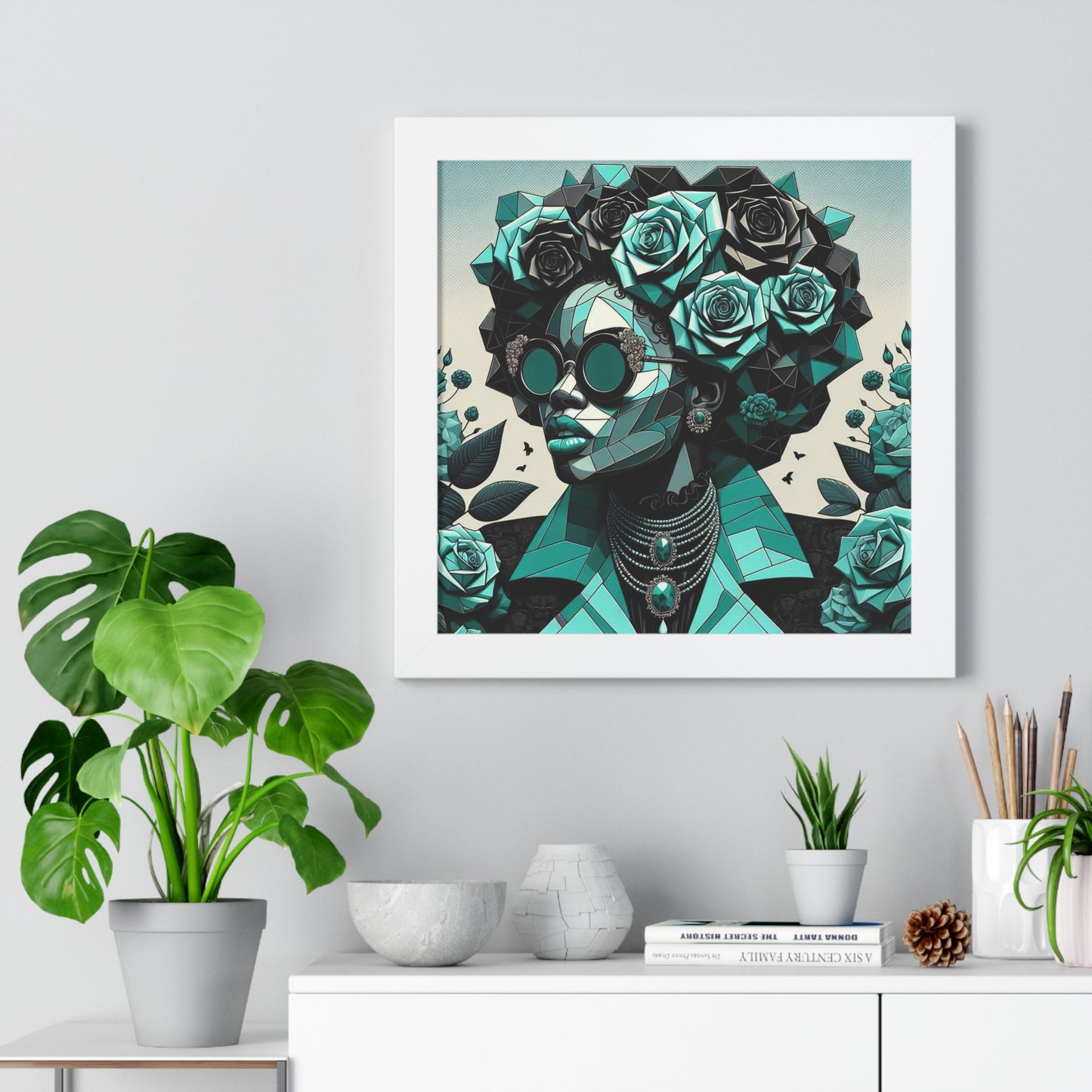 Framed Art Poster, Bohemian Home Decor, Wall Art for Living Room, Gift for Art Lovers, Unique Framed Wall Decor - Turquoise & Black Roses Lady