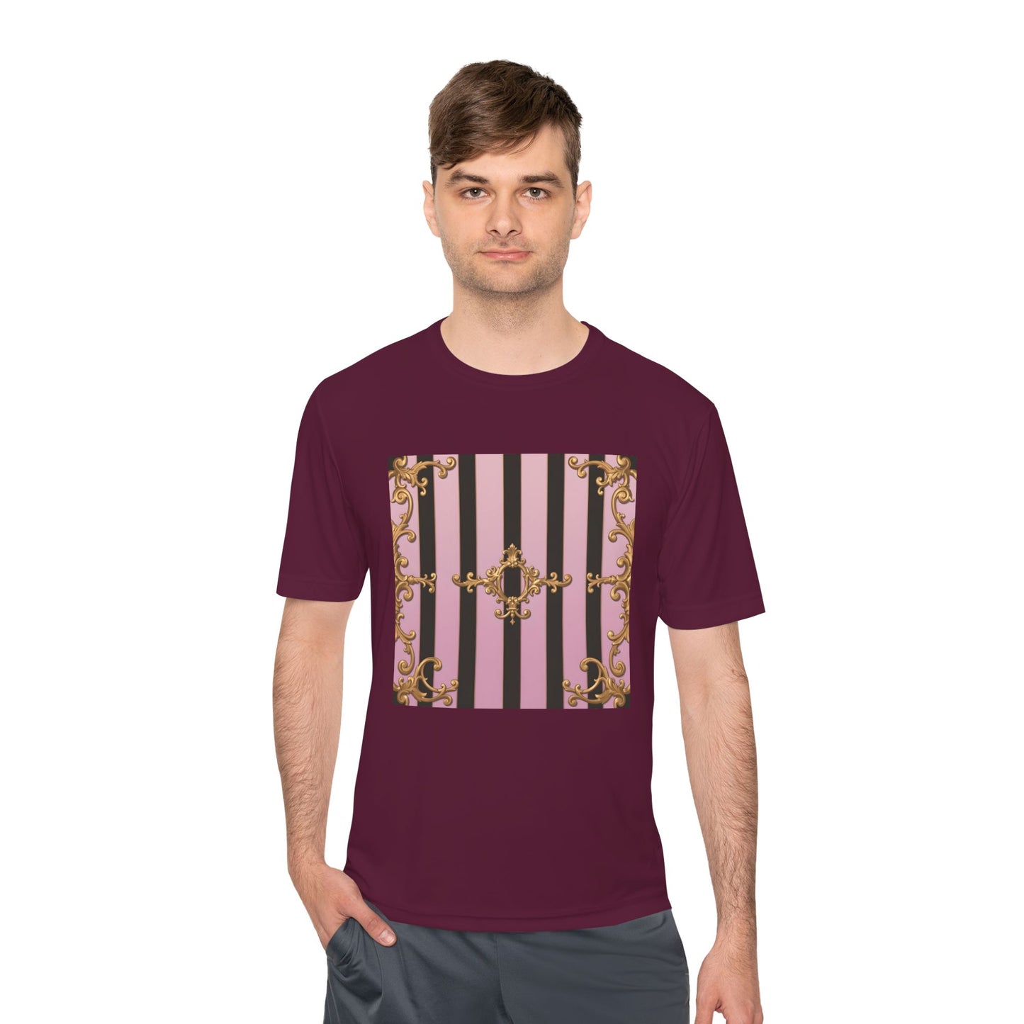 Elegant Striped Unisex Moisture Wicking Tee, Stylish Workout T-Shirt, Fashionable Athletic Top - Matte Lavender & Black Striped Gold Baroque