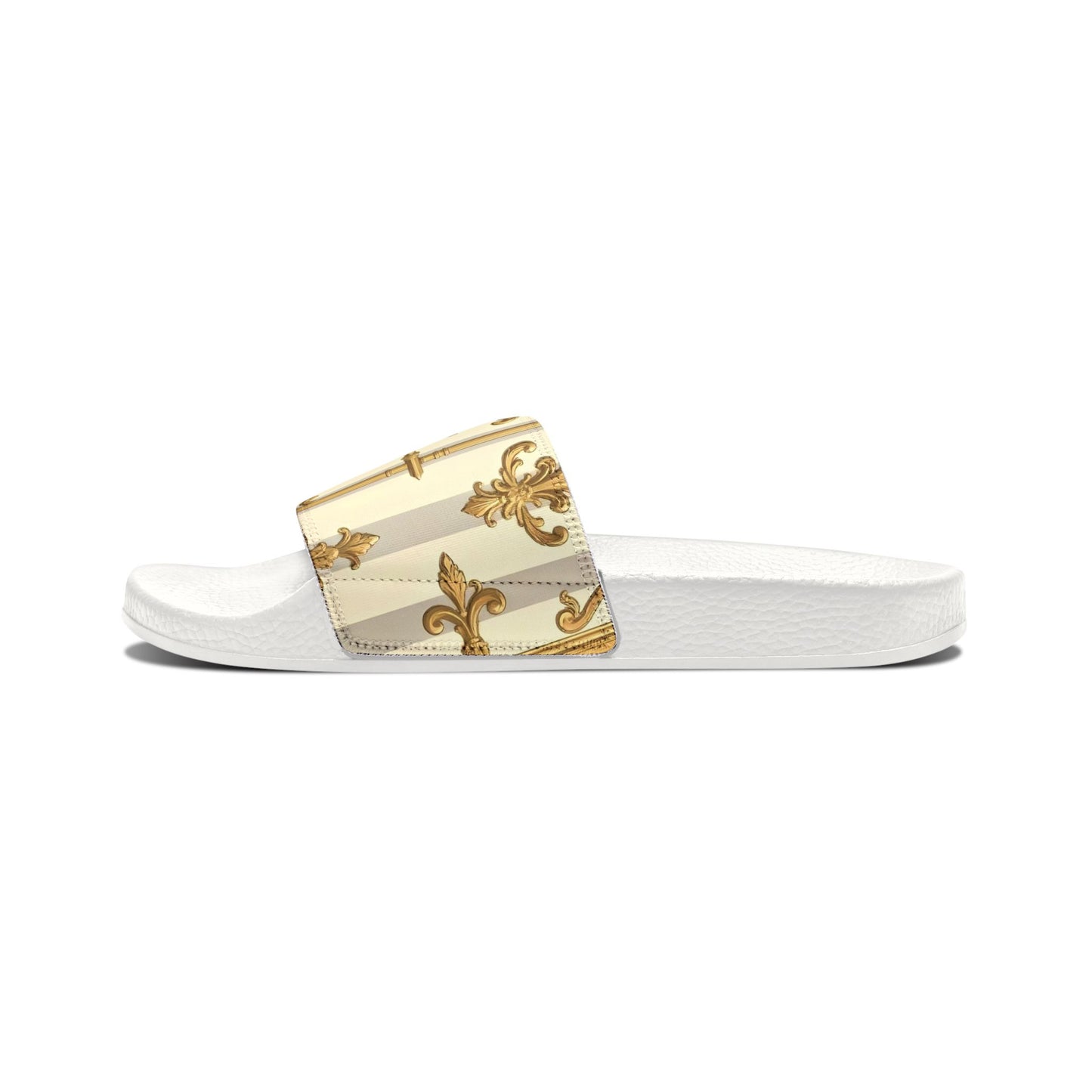 Chic Women's Removable-Strap Sandals, Stylish Summer Footwear, Perfect for Beach Days - Matte Gray & Cream Striped Gold Baroque