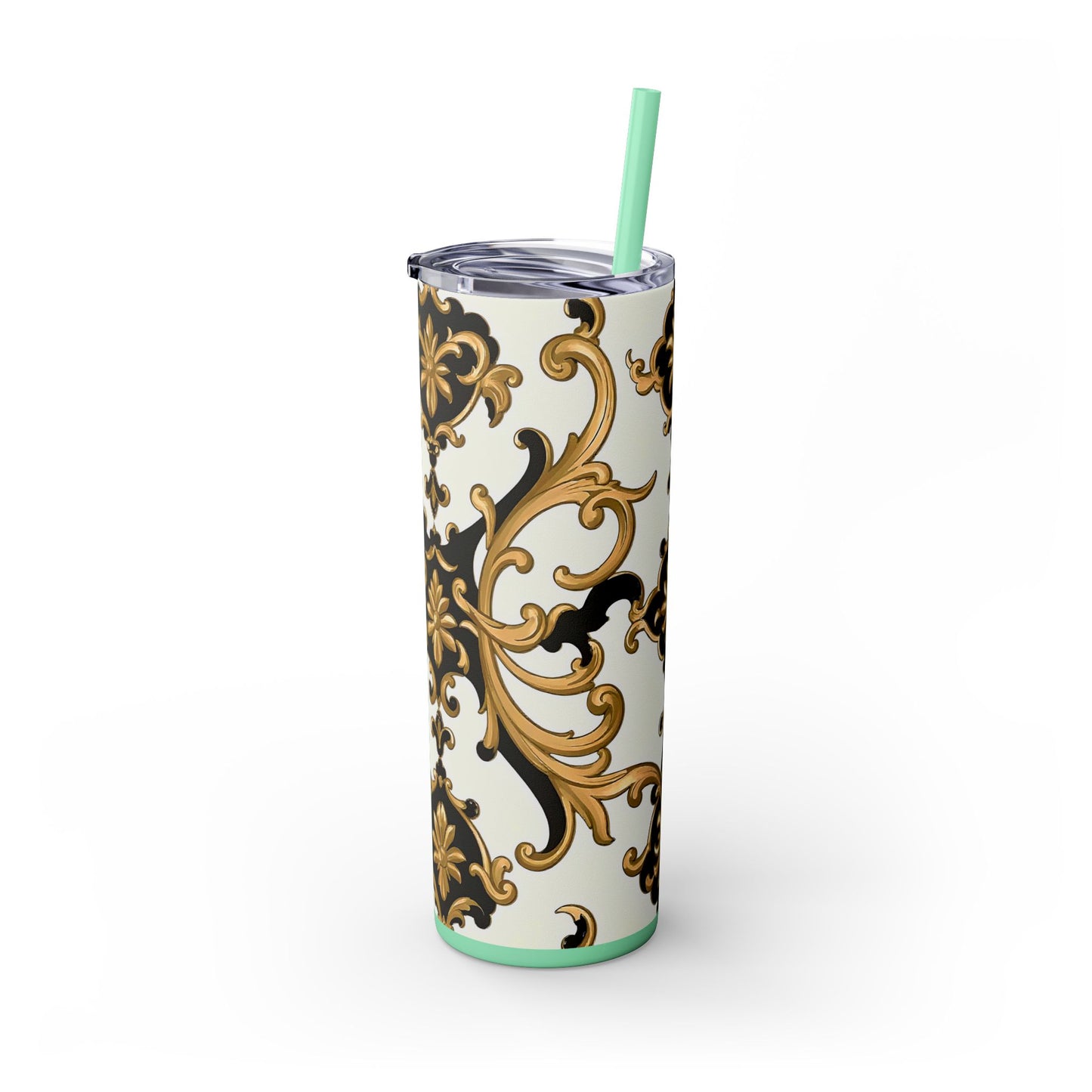 Elegant Gold Floral Skinny Tumbler, 20oz | Insulated Cup for Hot & Cold Drinks, Travel Mug, Gift for Mom, Stylish Drinkware - Black & Gold Rococo