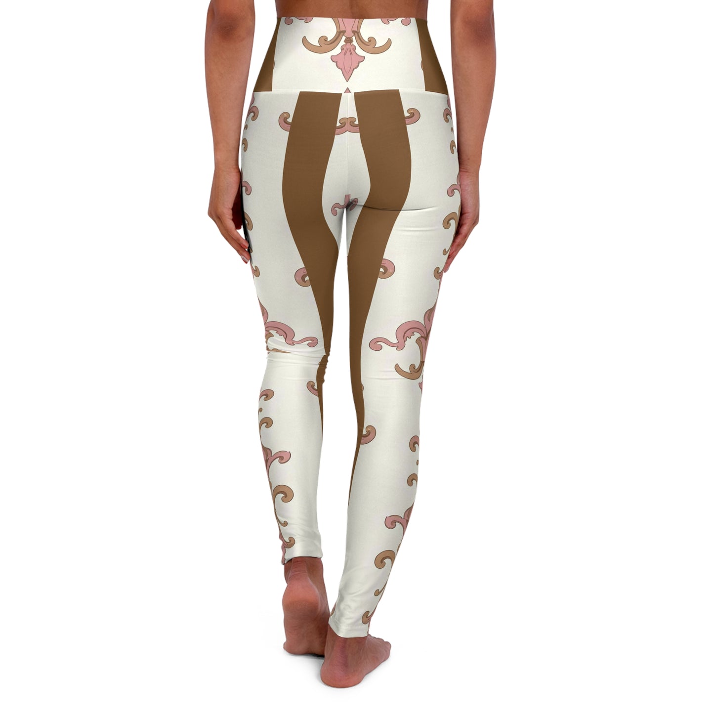 Chic High Waisted Yoga Leggings - Comfortable, Stylish Activewear for Fitness, Loungewear, Yoga - Brown Striped Pink Arabesque