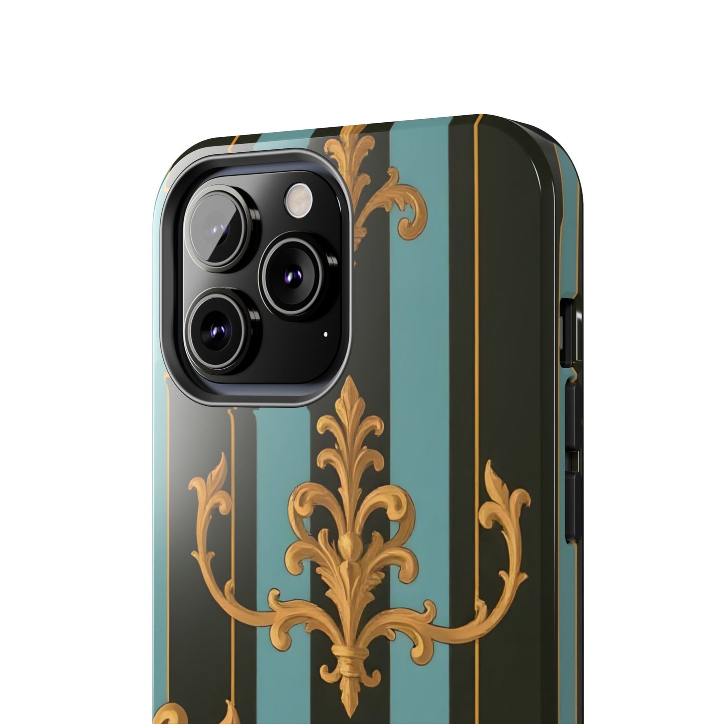 Elegant Baroque Tough Phone Case, Stylish Phone Cover, Durable iPhone Case, Unique Gift - Black & Turquoise Striped Baroque
