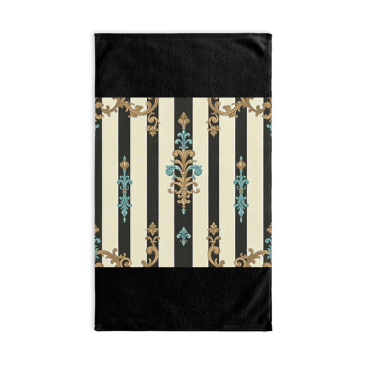 Elegant Decorative Hand Towel for Kitchen or Bathroom, Vintage Style Dish Towel - Black Striped Turquoise & Black Rococo